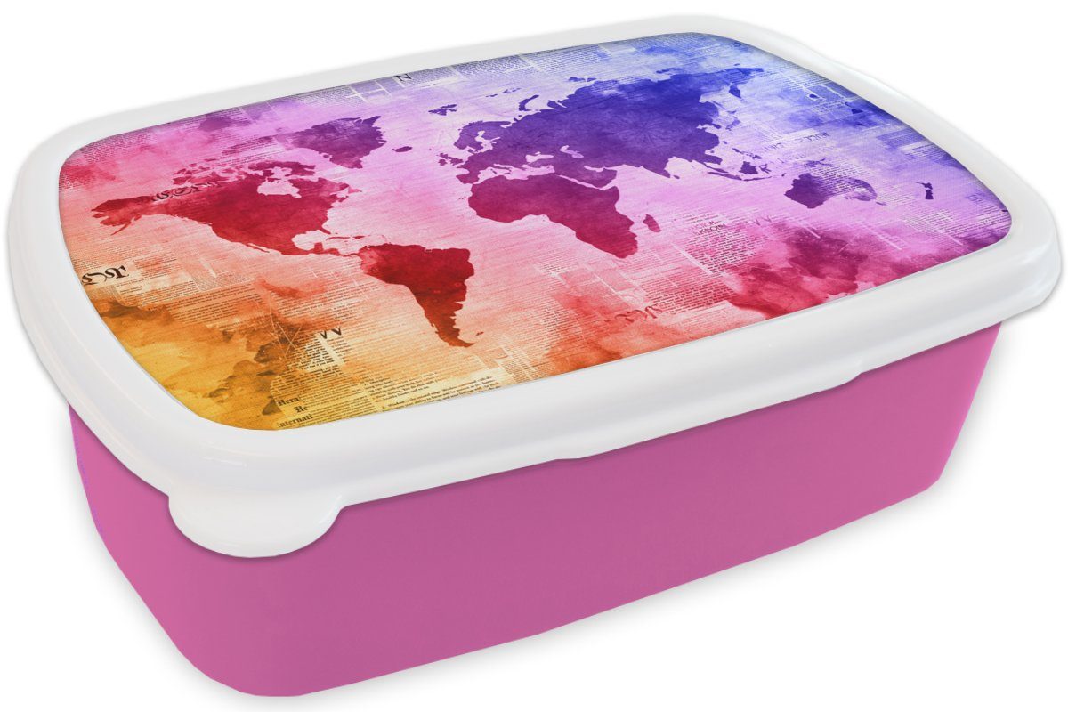 - Lunchbox (2-tlg), Brotdose - rosa Aquarell Kunststoff Kinder, Erwachsene, Kunststoff, für Brotbox Regenbogen, Weltkarte Mädchen, Snackbox, MuchoWow