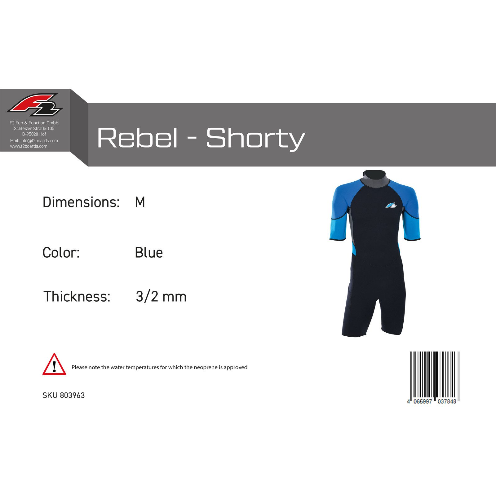 F2 Neoprenanzug F2 Herren Neopren Anzug Rebel - Shorty 3/2 mm M Blau