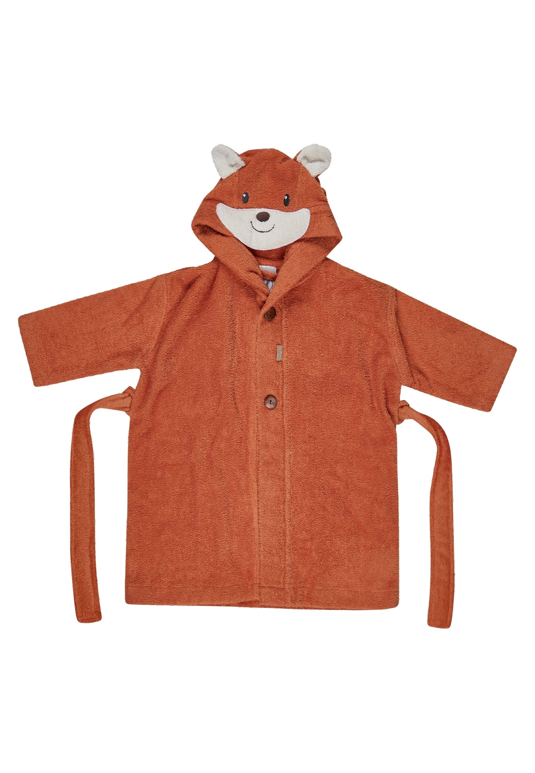 Sterntaler® Babybademantel Fuchs Filou, lange Arme, 100 % Baumwolle, aus saugfähiger Baumwolle, kuschelweiche Frotteequalität, mit Kapuze und Gürtel, 3D Elemente an der Kapuze, edle Holzknöpfe, Knöpfe