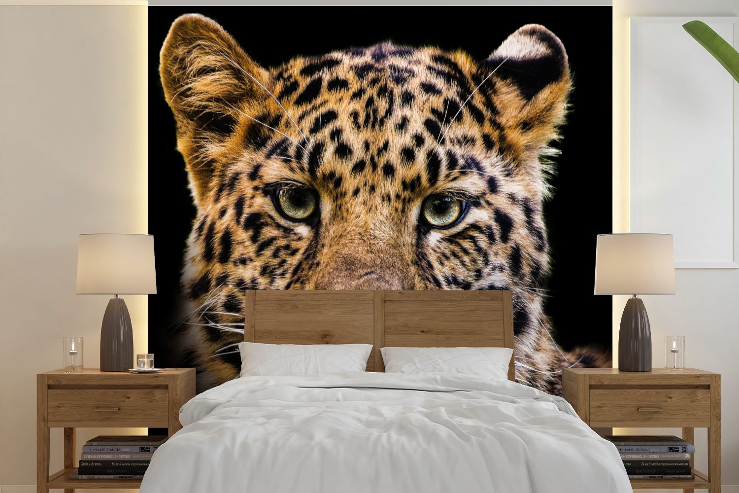 MuchoWow Fototapete Leopard - Schwarz - Nahaufnahme, Matt, bedruckt, (5 St), Vinyl Tapete für Wohnzimmer oder Schlafzimmer, Wandtapete | Fototapeten