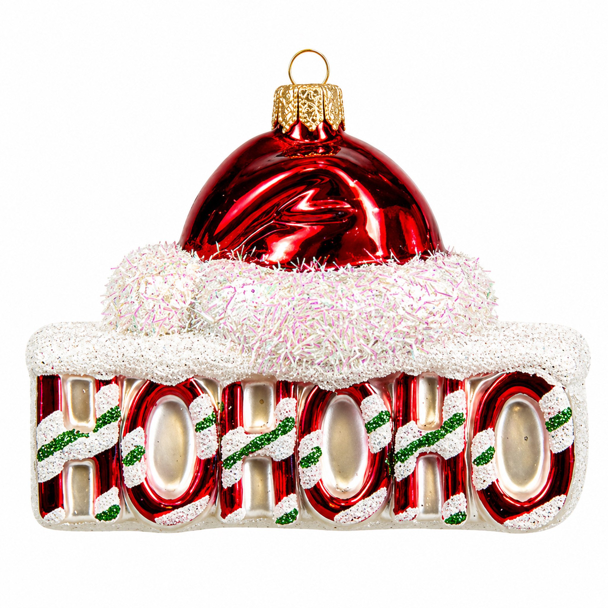 IMPULS Christbaumschmuck, Christbaumanhänger Weihnachtsmütze aus Glas HoHoHo 7,5cm Rot Weiß