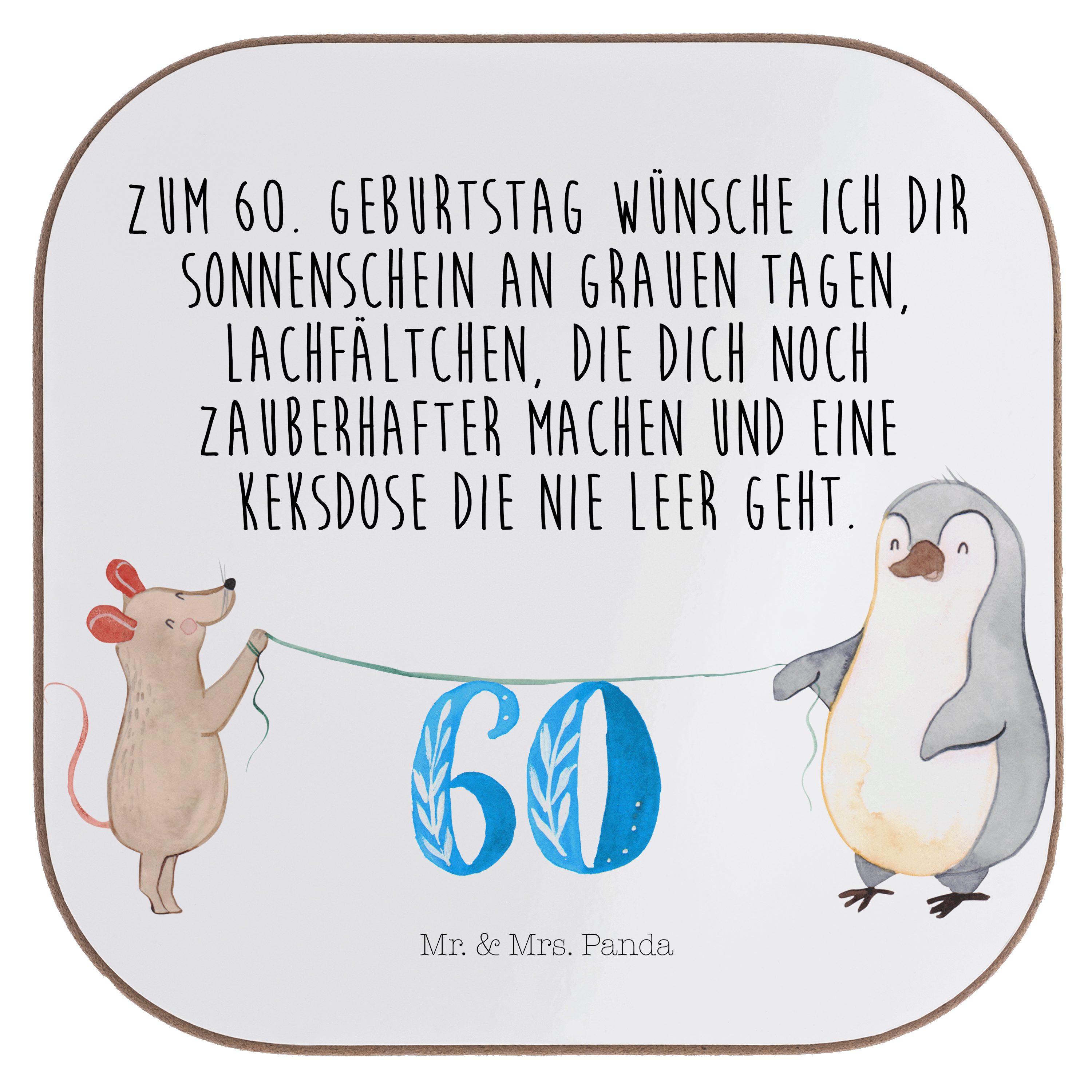 Mr. & Mrs. Panda Getränkeuntersetzer 60. Geburtstag Maus Pinguin, Untersetzer für Gläser, Weiß, Kuchen, Ge, Packung, 1-tlg.