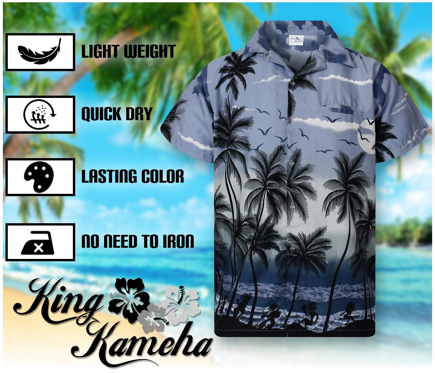 King Kameha Hawaiihemd Beach, Herren, Übergrößen 7XL-12XL, Kurzarm, Front-Tasche
