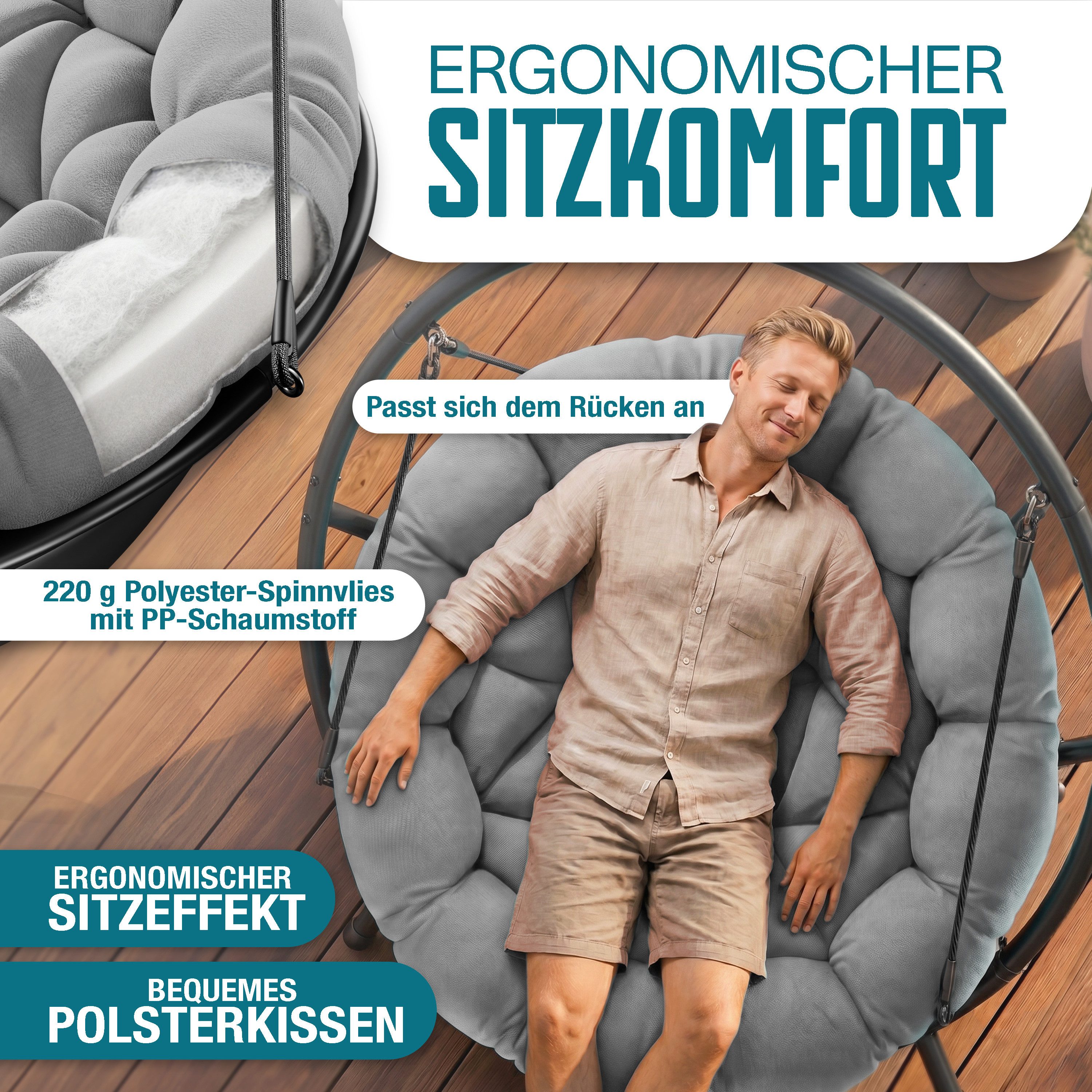 KESSER Hängesessel Bali Hängesessel mit Gestell Hängeschaukel Hängestuhl bis 150kg (mit Wipp Funktion, Kissen & Seitentasche), Hängekorb Stahlgestell Schaumstoff Sitzpolster für Wohnzimmer & Garten