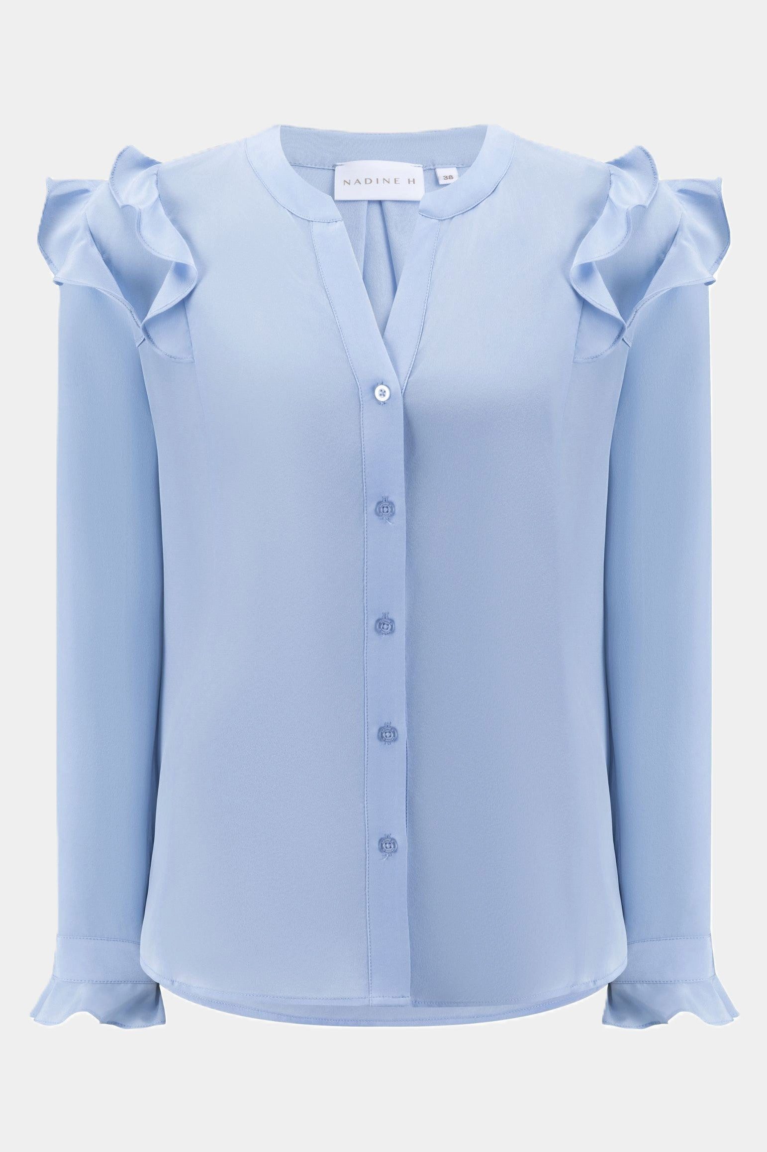 Blusenshirt Sommerbluse aus Seide im eleganten Blau moderner Stil mit Rüschen