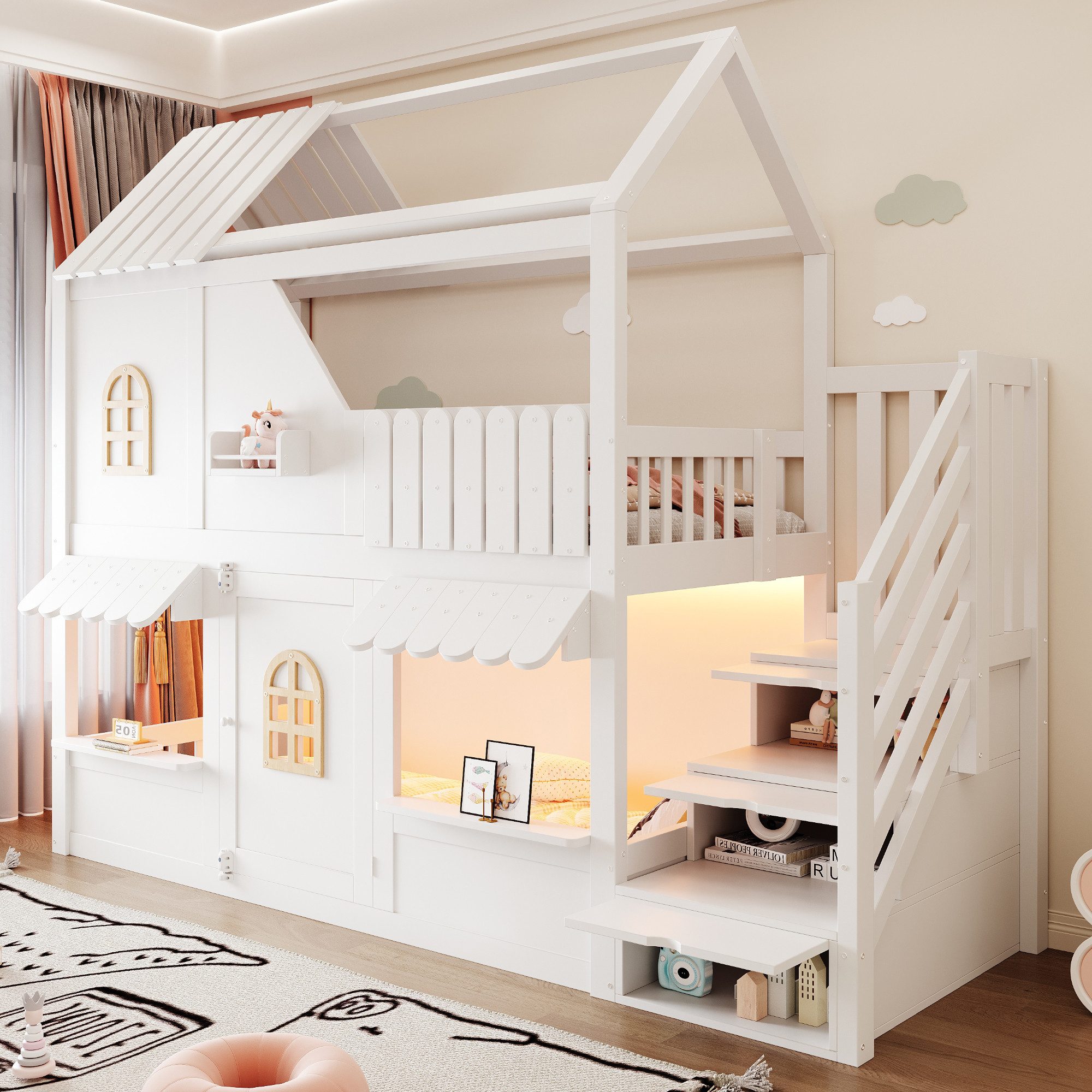 Flieks Etagenbett, Kinderbett Haus-Design 90×200cm mit Stauraumtreppe LED-Beleuchtung
