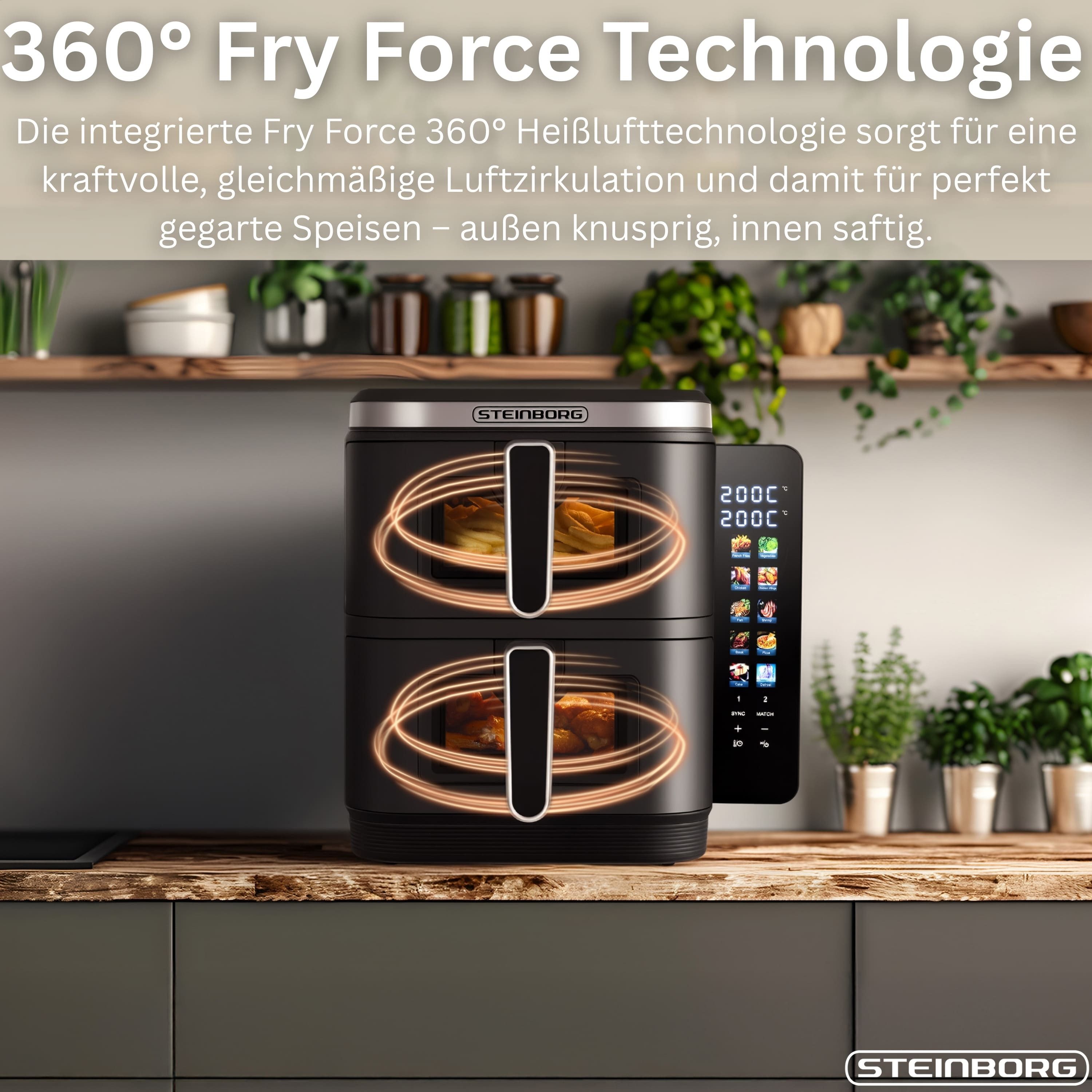 STEINBORG Heißluftfritteuse SB-3162, 2800 W, 8 One-Touch-Kochprogramme