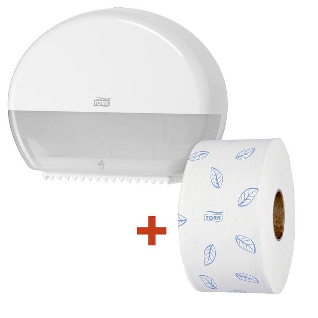 TORK Toilettenpapierhalter 1 Toilettenpapierhalter T2 Mini Jumbo und WC-Papier-Rolle weiß, 1 Rolle Toilettenpapier, Abschließbar