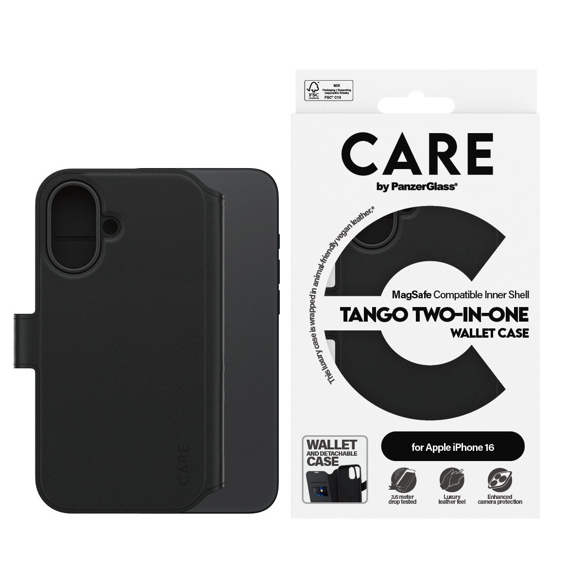 CARE by PanzerGlass Handyhülle Case Feature Tango 2-in-1 Wallet Case Apple iPhone 16, Backcover, Schutzhülle, Handyschutzhülle, Case, Schutzcase, stoßfest