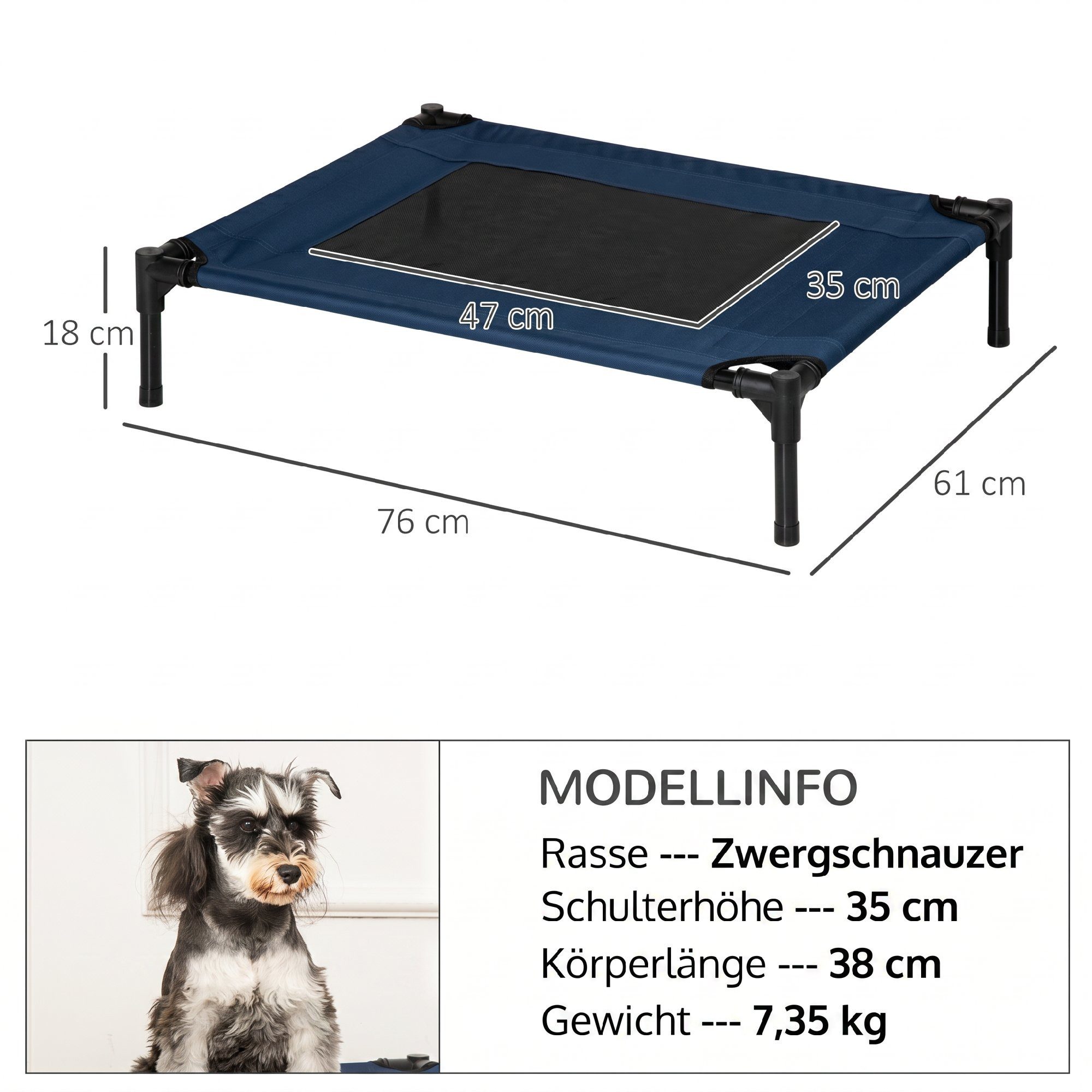 PawHut Tierbett Hundeliege Outdoor Stahl 76 x 61 x 18 cm, 600D Oxford-Gewebe, Belastbarkeit bis 20 kg, Blau