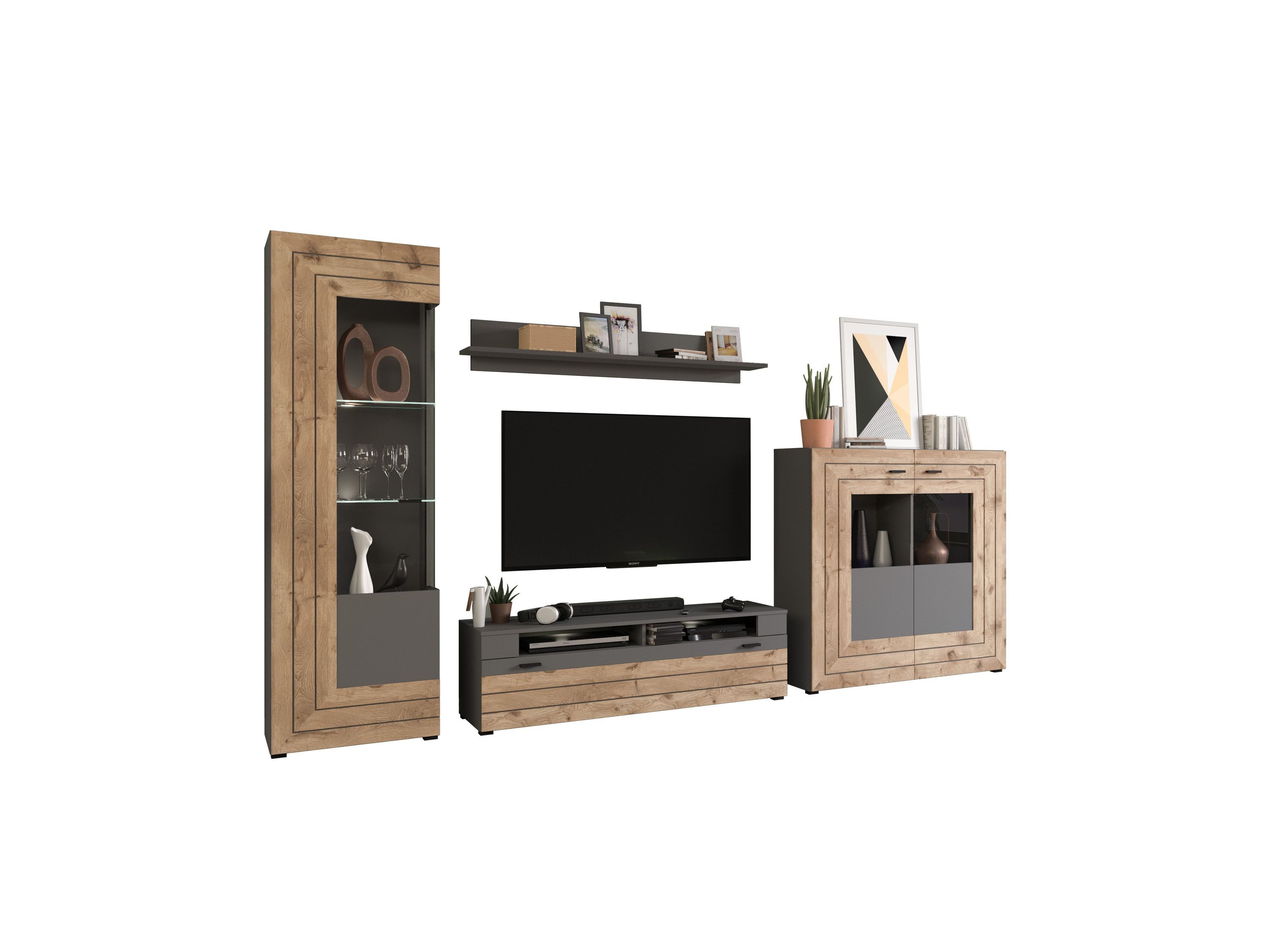 xonox.home Wohnwand, (5tlg. Set Vitrine, Glasbodenclip 2er, TV Element, Wandboard, Highboard), Grau Für TV Bis 60 Zoll Modern 350x195x40 cm