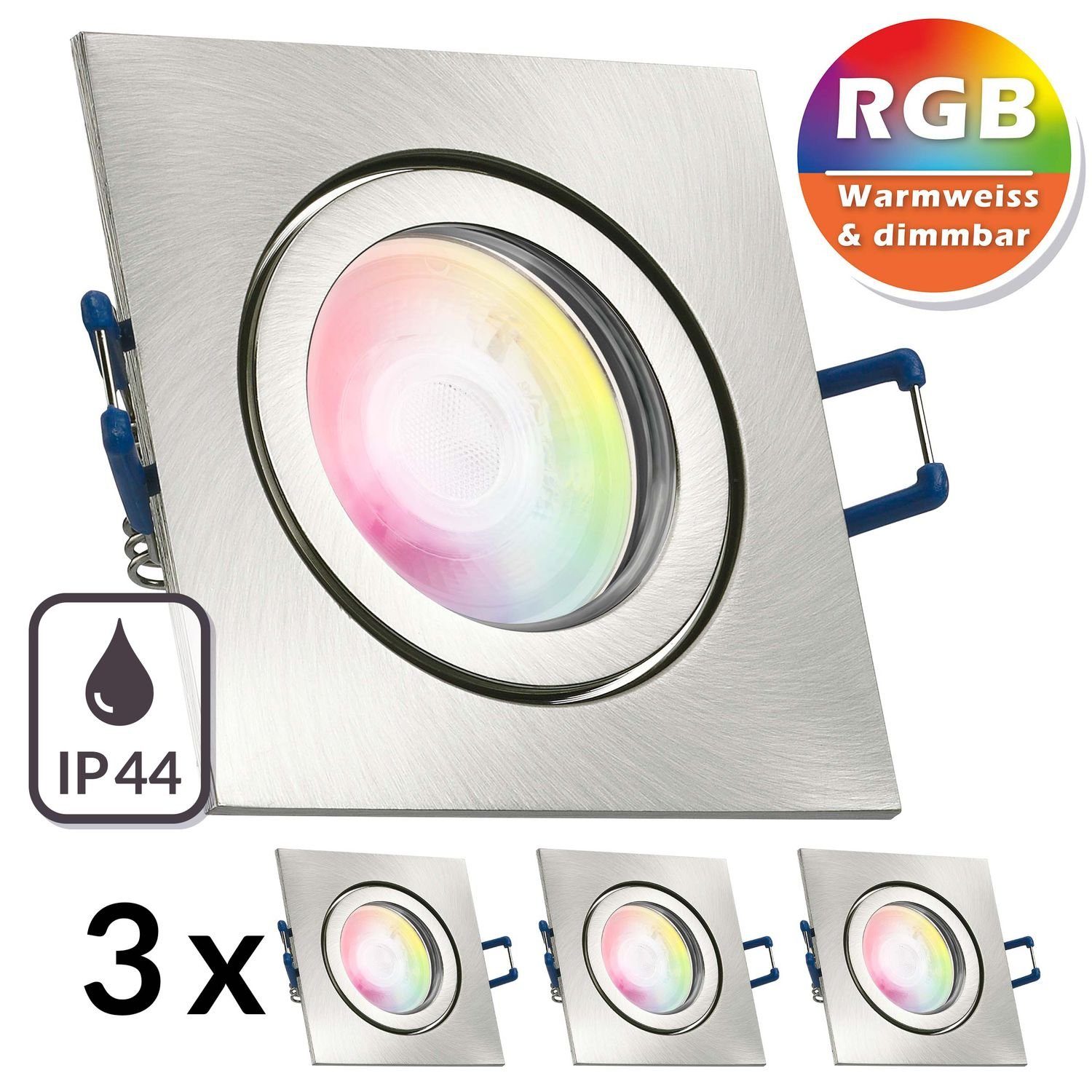LEDANDO LED Einbaustrahler 3er IP44 RGB LED Einbaustrahler Set extra flach in silber gebürstet mi
