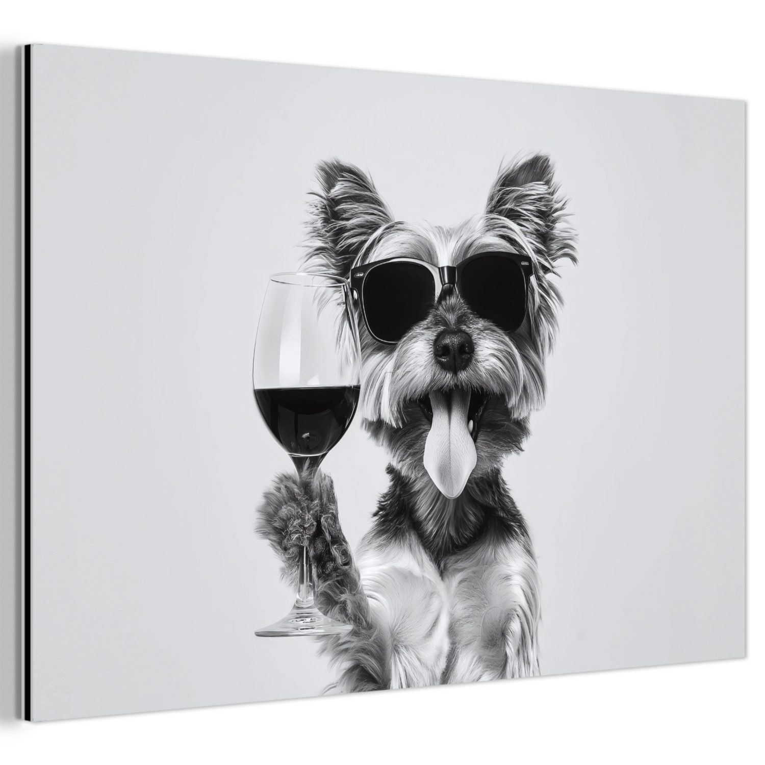 MuchoWow Metallbild Hund - Weinglas - Sonnenbrille - Enthusiastisch, Inkl. Aufhängung, Metallbild, Aluminium dekoration, Wandbild Industriell, 120x80 cm