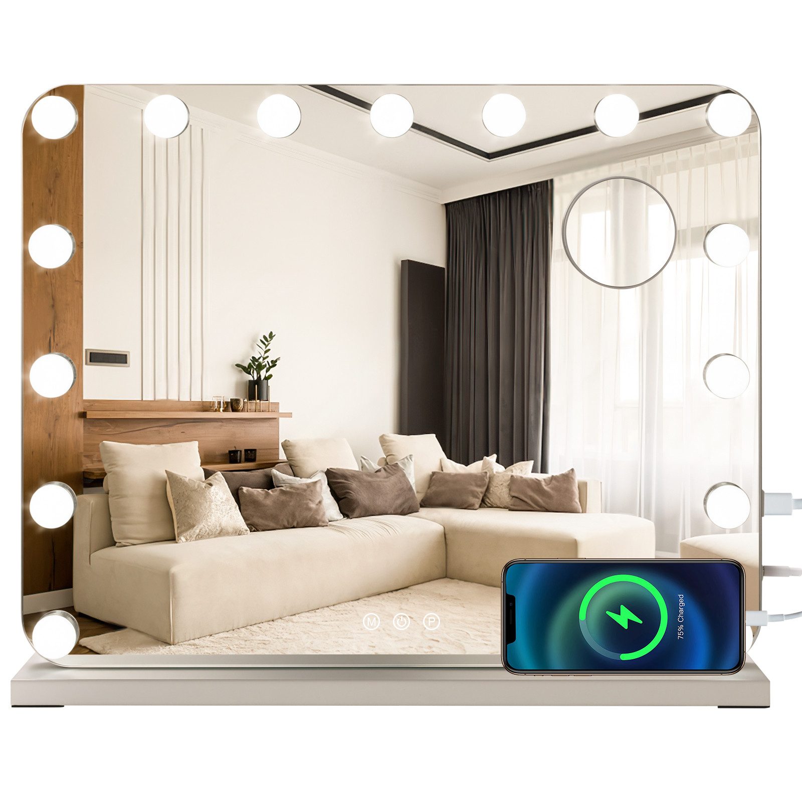 TLGREEN Дзеркало для макіяжу mit beleuchtung, (58x46 cm Дзеркало для макіяжу Hollywood, 15 LED-Leuchten), 3 Lichtfarben, USB-Ladeanschluss, 10-fache Lupe, wandmontierbar