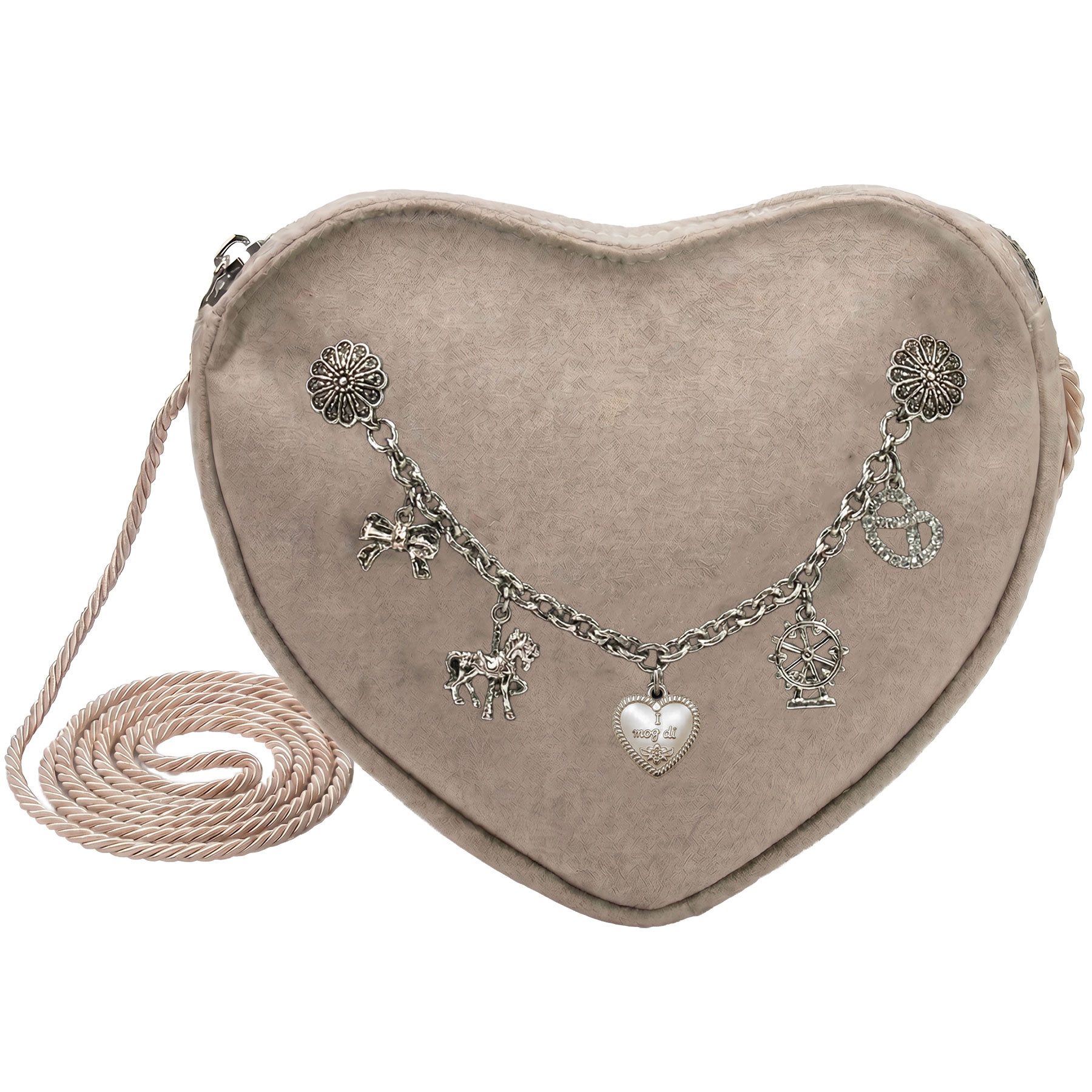 Alpenflüstern Schultertasche Herztasche Charivari Volksfest (taupe-grau), - Damen Trachtentasche in Herzform, Schultertasche fürs Dirndl, Herz H