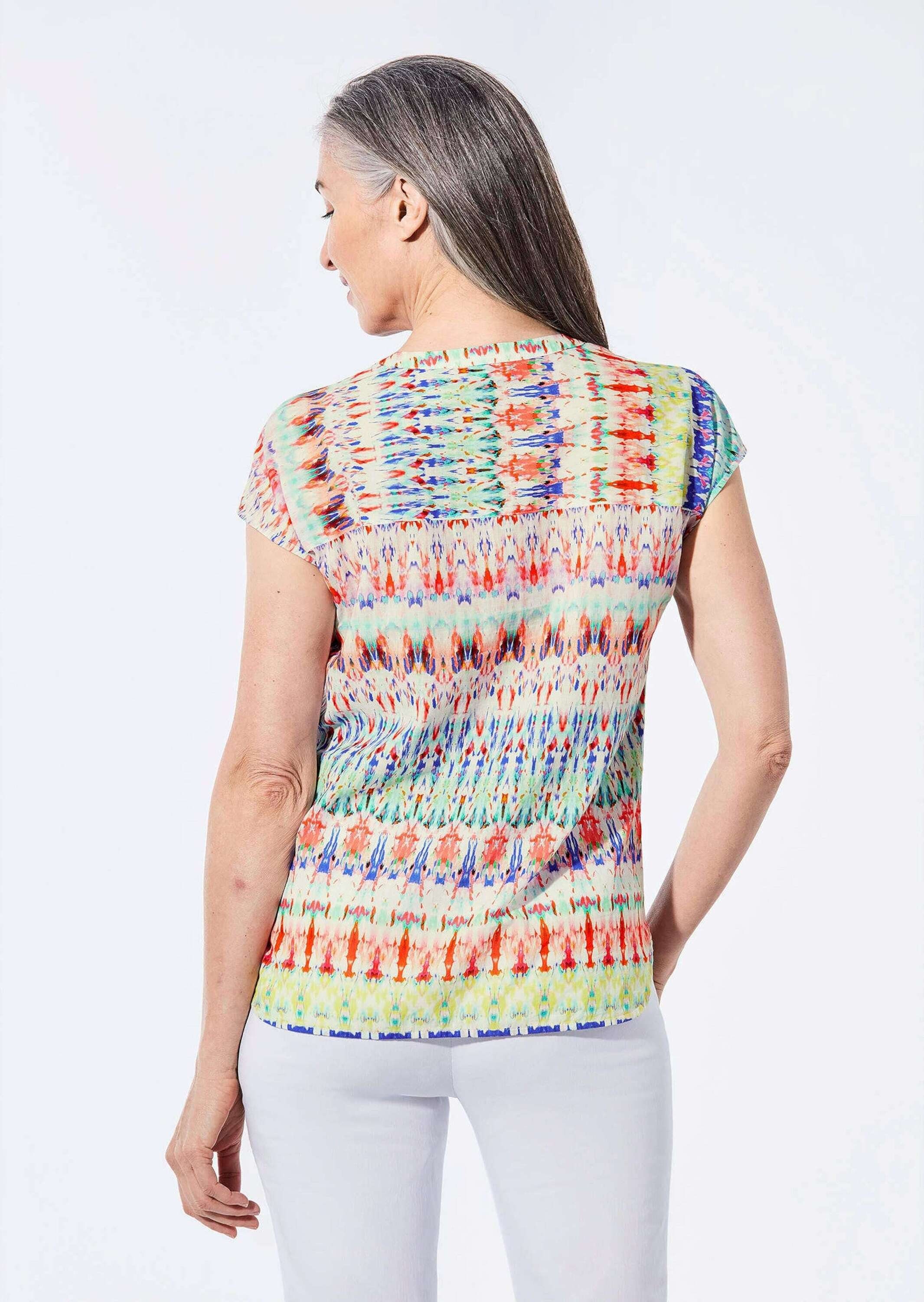 GOLDNER Kurzarmbluse Kurzarm Printbluse für Damen multicolor Modische, hüftbedeckende Sommerbluse mit rundem Ausschnitt