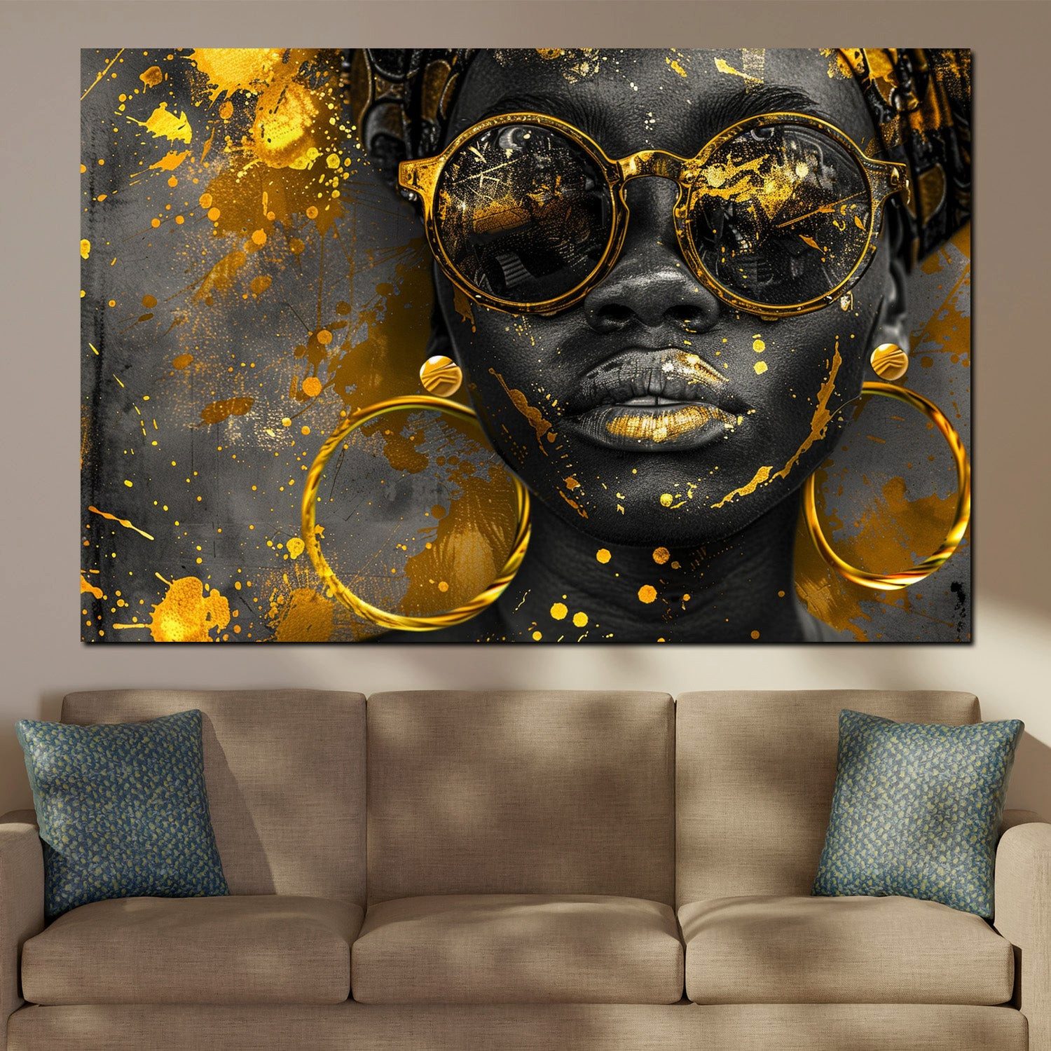 Artedinoi Leinwandbild Afrikanische Frau Gold Sonnenbrille Querformat Leinwandbild Wandbild X, Afrikanische Frau mit Goldakzenten
