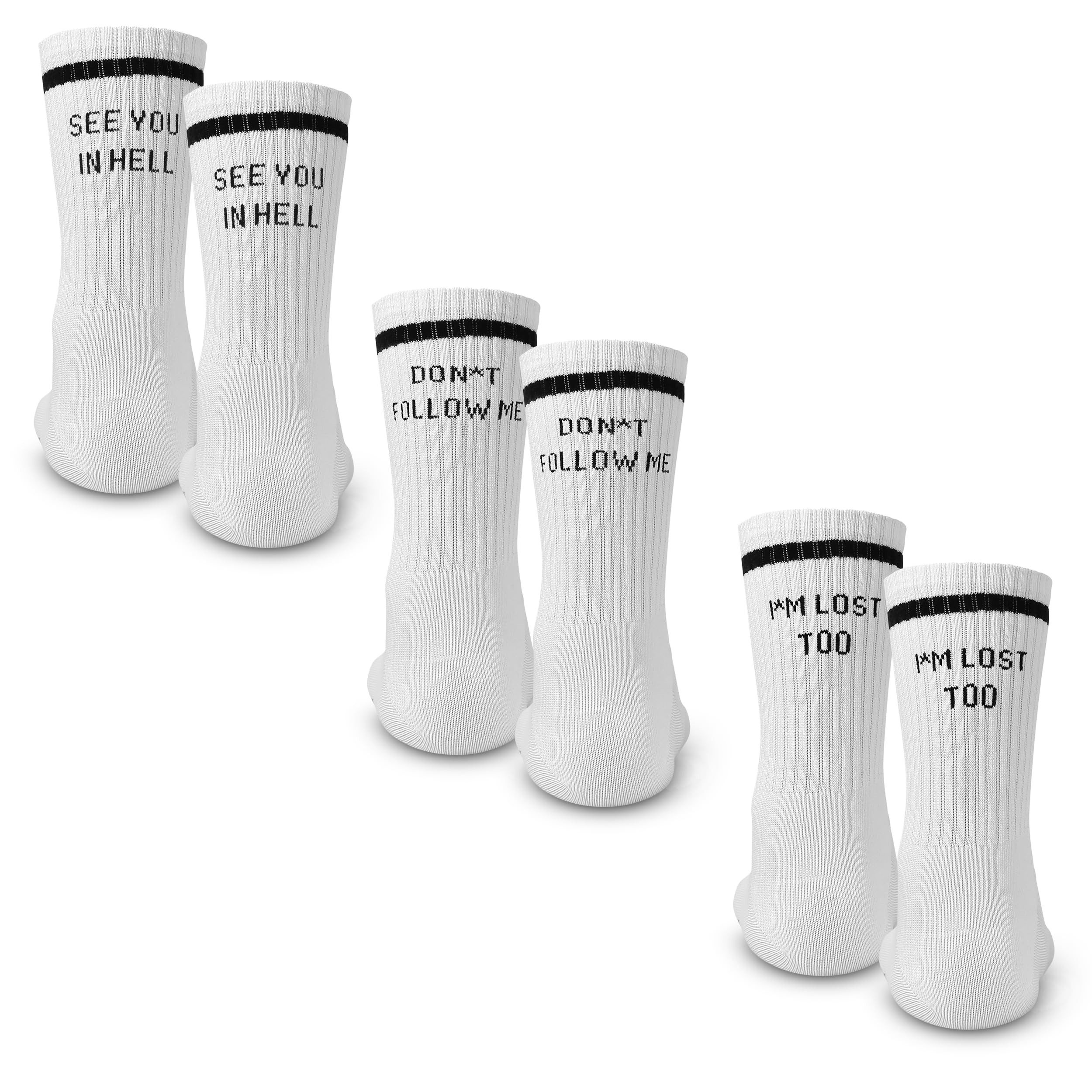 Made by Nami Socken Crew Socks 3-er Set aus Baumwolle, Herren & Damen (Set, 3er Set) Weiße Retro Tennis Socken mit Sprüchen, "Hell" "Follow" "Lost"