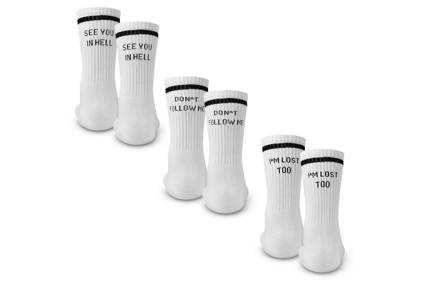 Made by Nami Socken Crew Socks 3-er Set aus Baumwolle, Herren & Damen (Set, 3er Set) Weiße Retro Tennis Socken mit Sprüchen, "Hell" "Follow" "Lost"