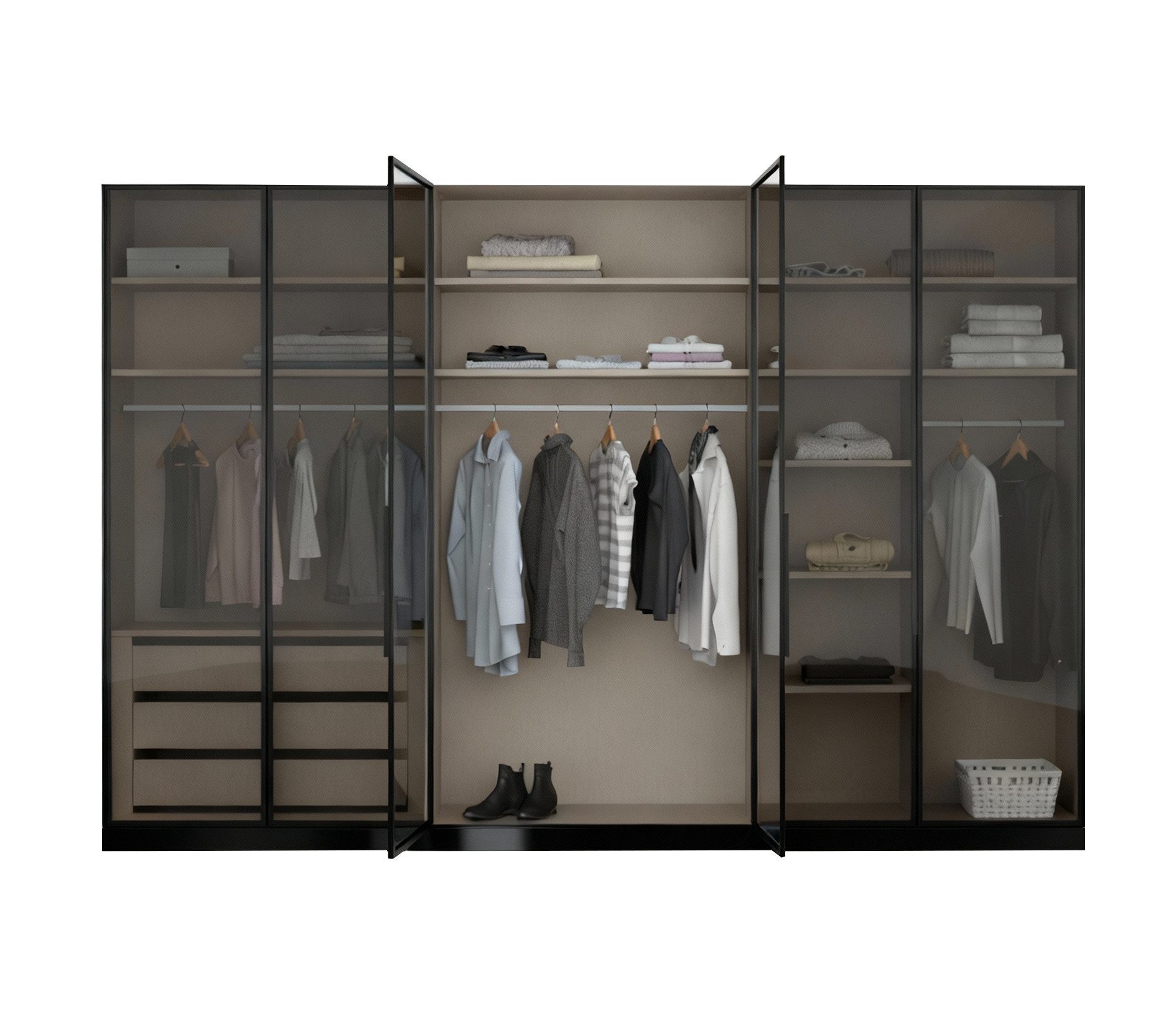Palms-Store Kleiderschrank Monaco Hochglanz, mit Glasrahmentüren (Spar-Set) Maße ca. Breite: 300cm, Tiefe: 62cm, Höhe: 218cm, inkl. Zubehörpaket