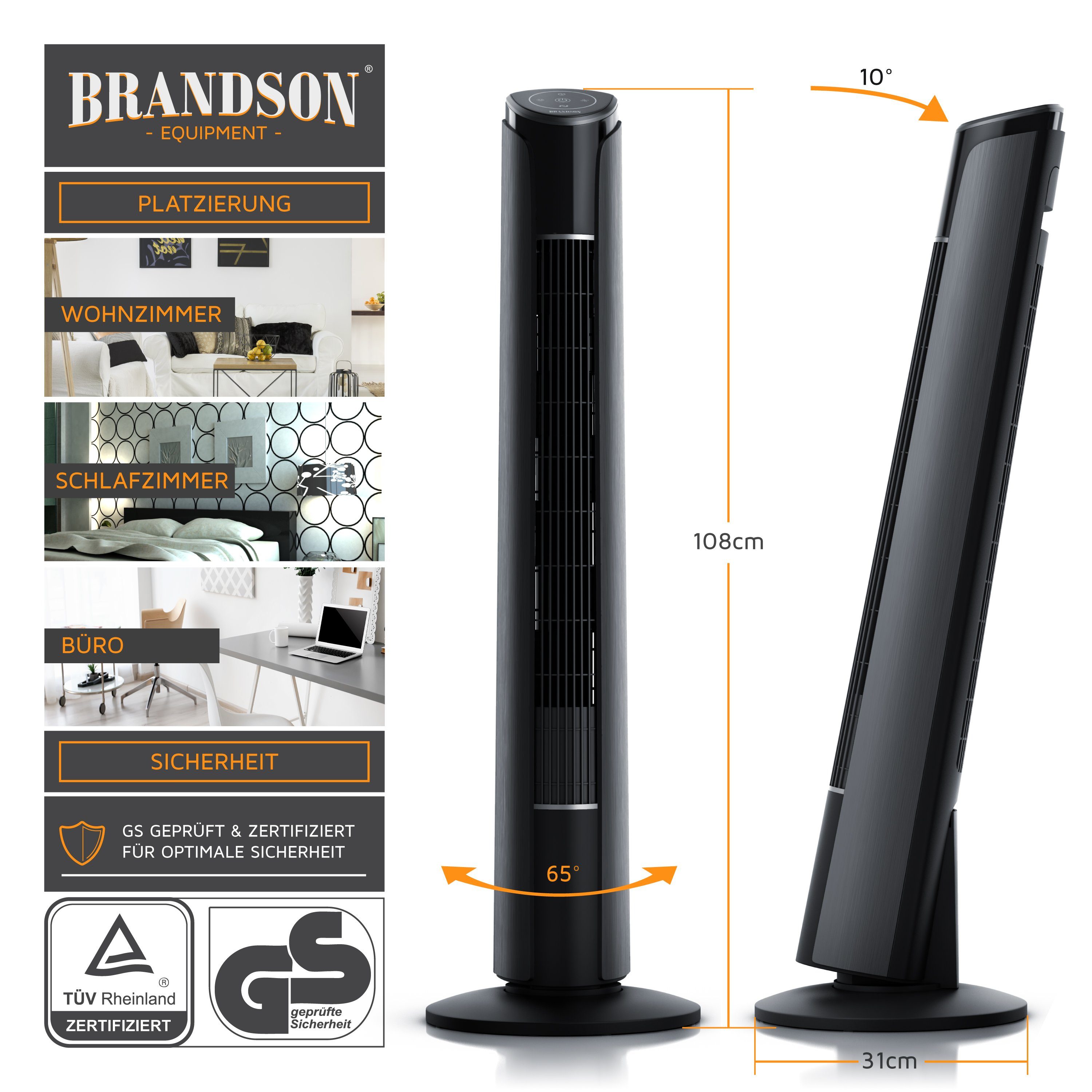 Brandson Turmventilator, Fernbedienung, 108cm 4 Standventilator grau neigbar, Oszillation, 10° Modi