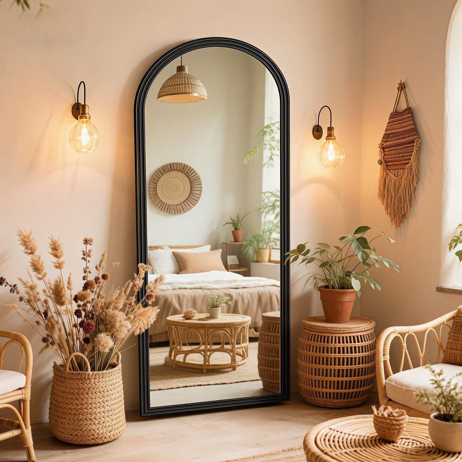 BBG Ganzkörperspiegel 160x50 cm Ganzkörperspiegel, Holz, gebogener Rahmen,feuergeröstet, HD-Glas stabiler Standspiegel für Schlafzimmer & Flur