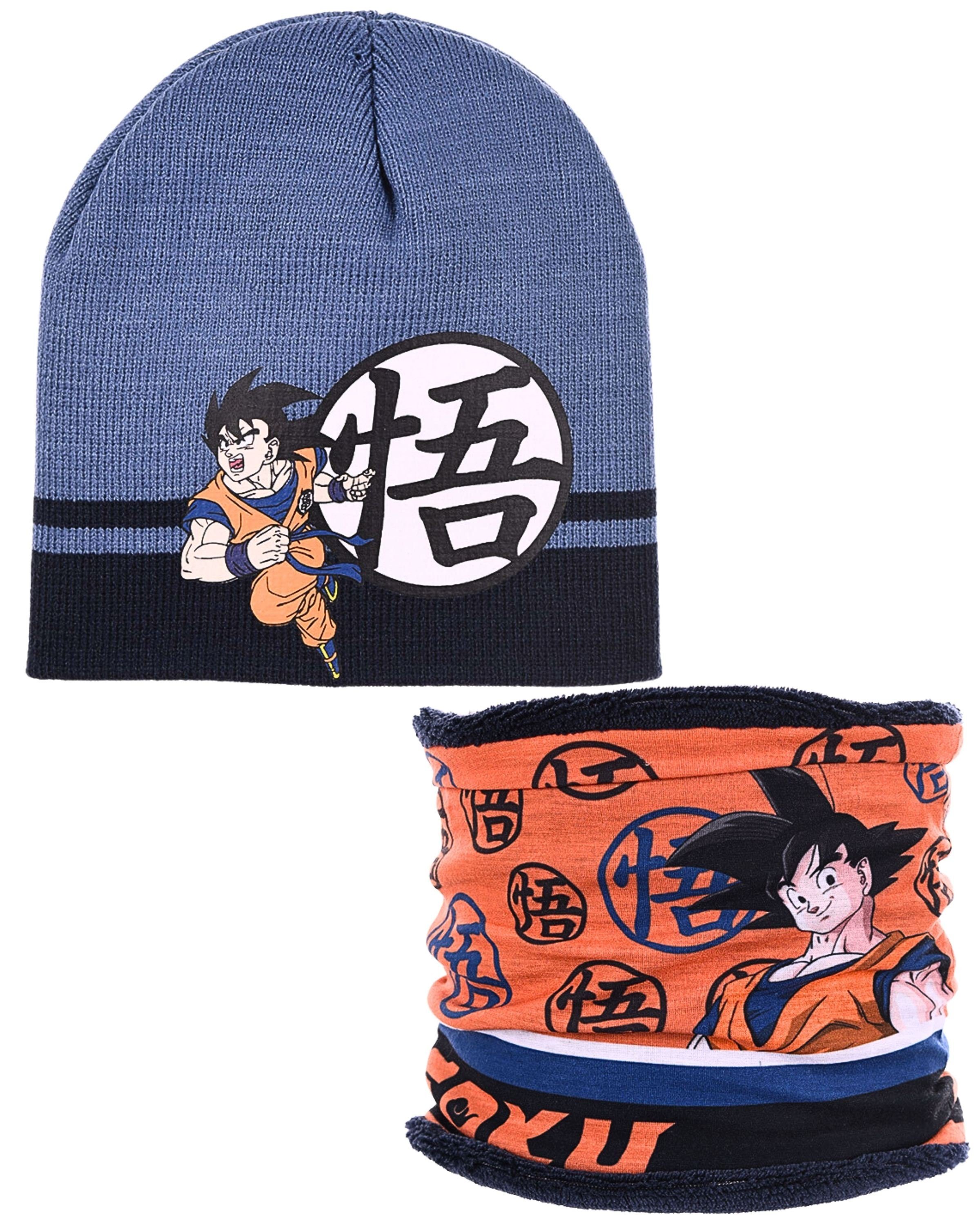 Dragon Ball Strickmütze Gr. 52, Blau Mütze Son 54 cm (2-St) Winter-Set Jungen & Schlauchschal Goku