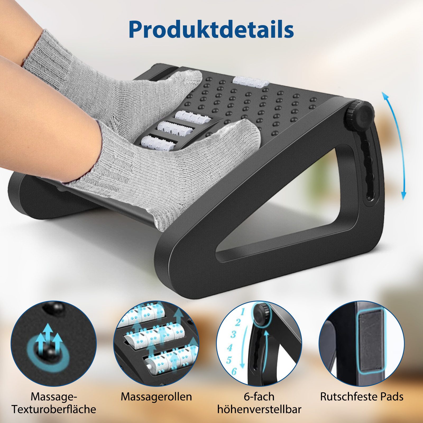 AKKEE Fußhocker Höhenverstellbar, mit Massageoberfläche, Fußstütze, Ergonomisches Design