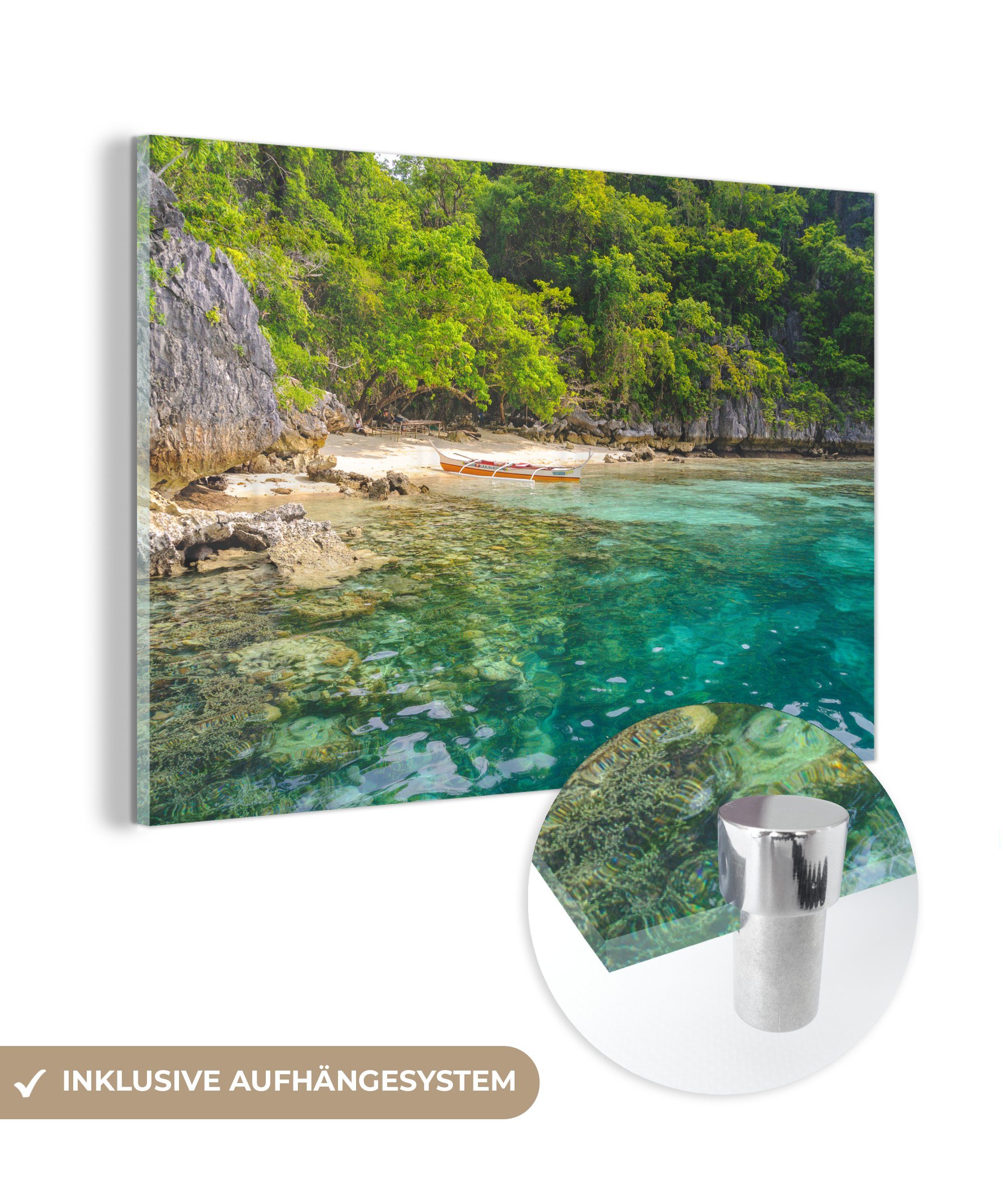 MuchoWow Acrylglasbild Ein Strand mit herrlich grünem Meerwasser auf der Insel Coron, (1 St), Acrylglasbilder Wohnzimmer & Schlafzimmer