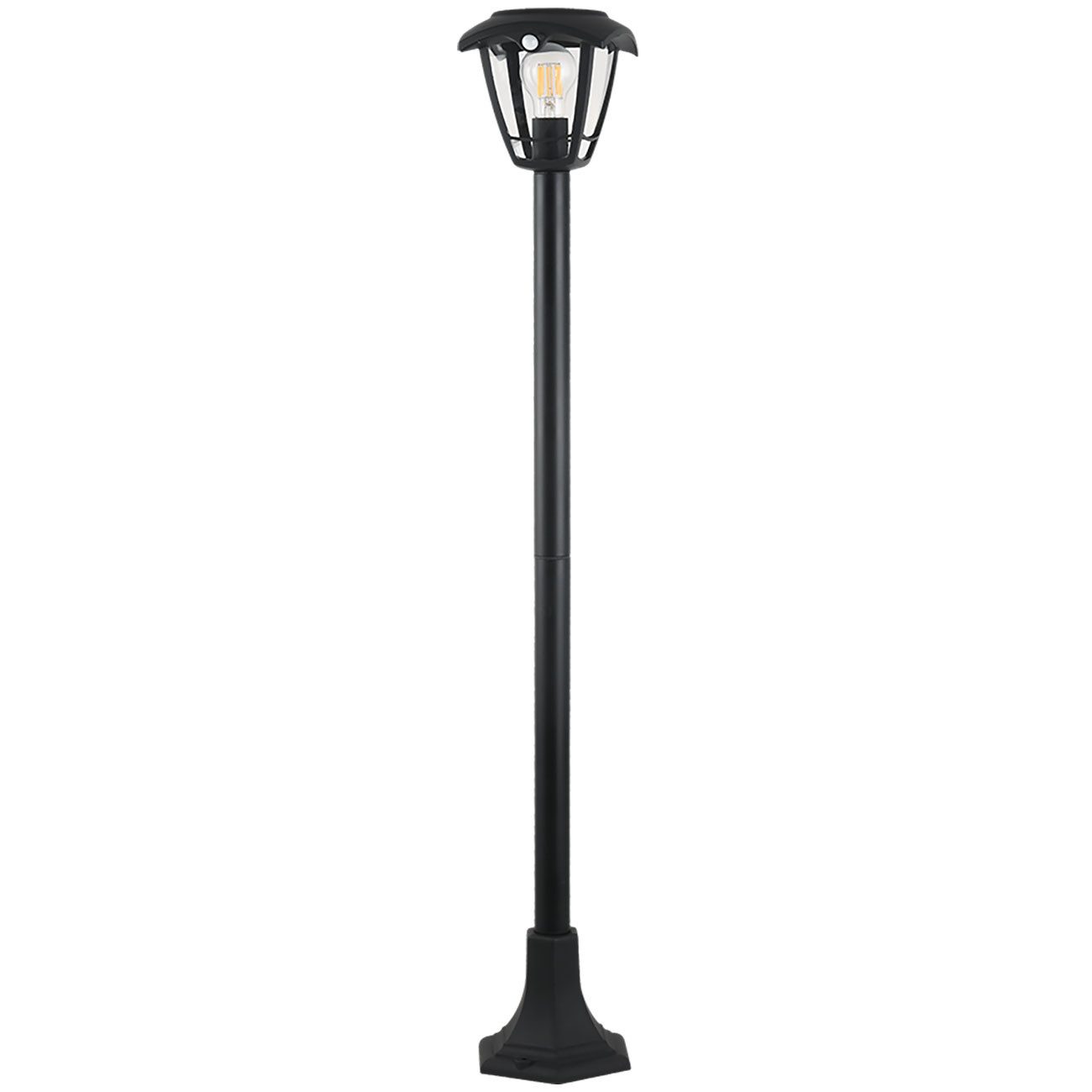 shop'n smile ideoon LED Gartenleuchte Solar LED-Gartenlaterne 111,5cm PIR-Bewegungssensor 90°&6m Außenlampe, E27 Filament-LED, (austauschbar, bis zu 300 Lumen), warmweiß, Ø 16,6 x H 111,5cm/3 Lichtmodi/Li Ion Akku 1800mAh/IP44/kabellos