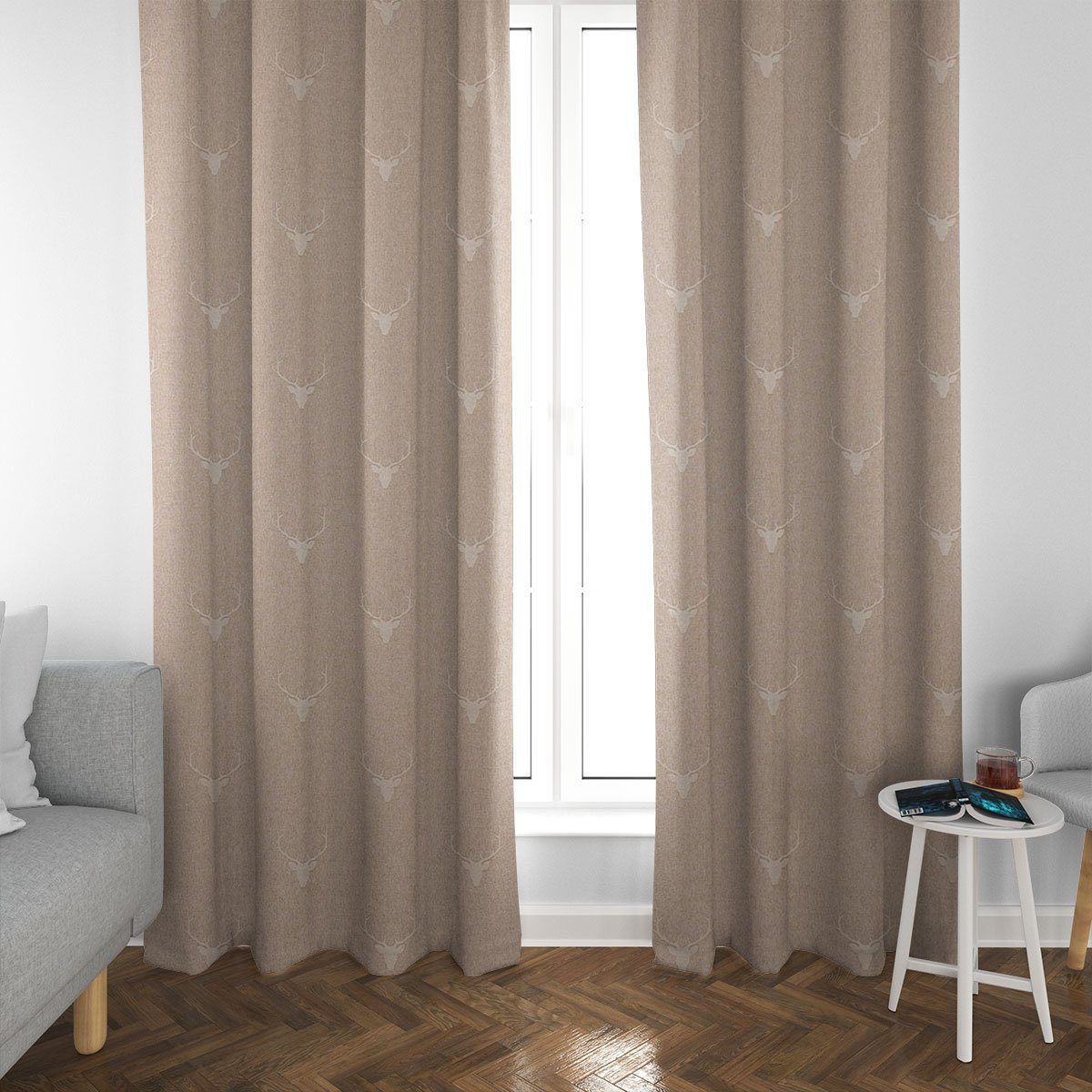 SCHÖNER LEBEN. Vorhang Vorhang Jacquard Hirschkopf mit Geweih beige hellbeige, Smokband, blickdicht, Jacquard, handmade
