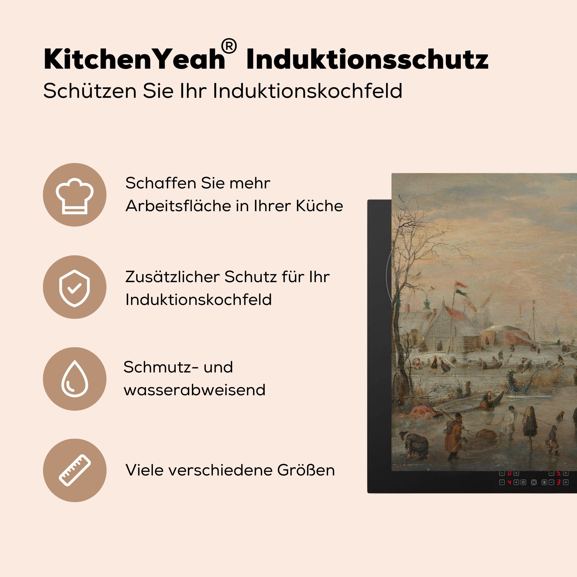 MuchoWow Herdblende-/Abdeckplatte Eisvergnügen - Gemälde küche, von tlg), 81x52 die für cm, Hendrik Vinyl, Avercamp, Ceranfeldabdeckung (1 Schutz Induktionskochfeld
