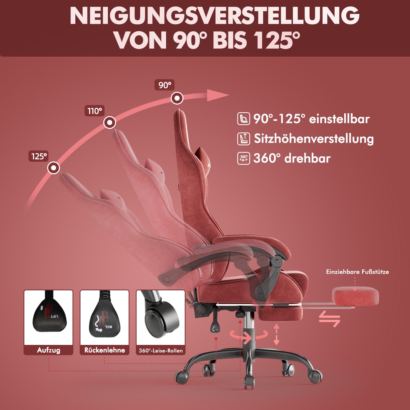 Ferghana Gaming-Stuhl Gaming-Stuhl: Kopfstütze, Lendenkissen, Armlehnen, Fußstütze (Packung), Ergonomischer PC-Stuhl,Rückenlehne 90°-125° – Bild 3 von 5