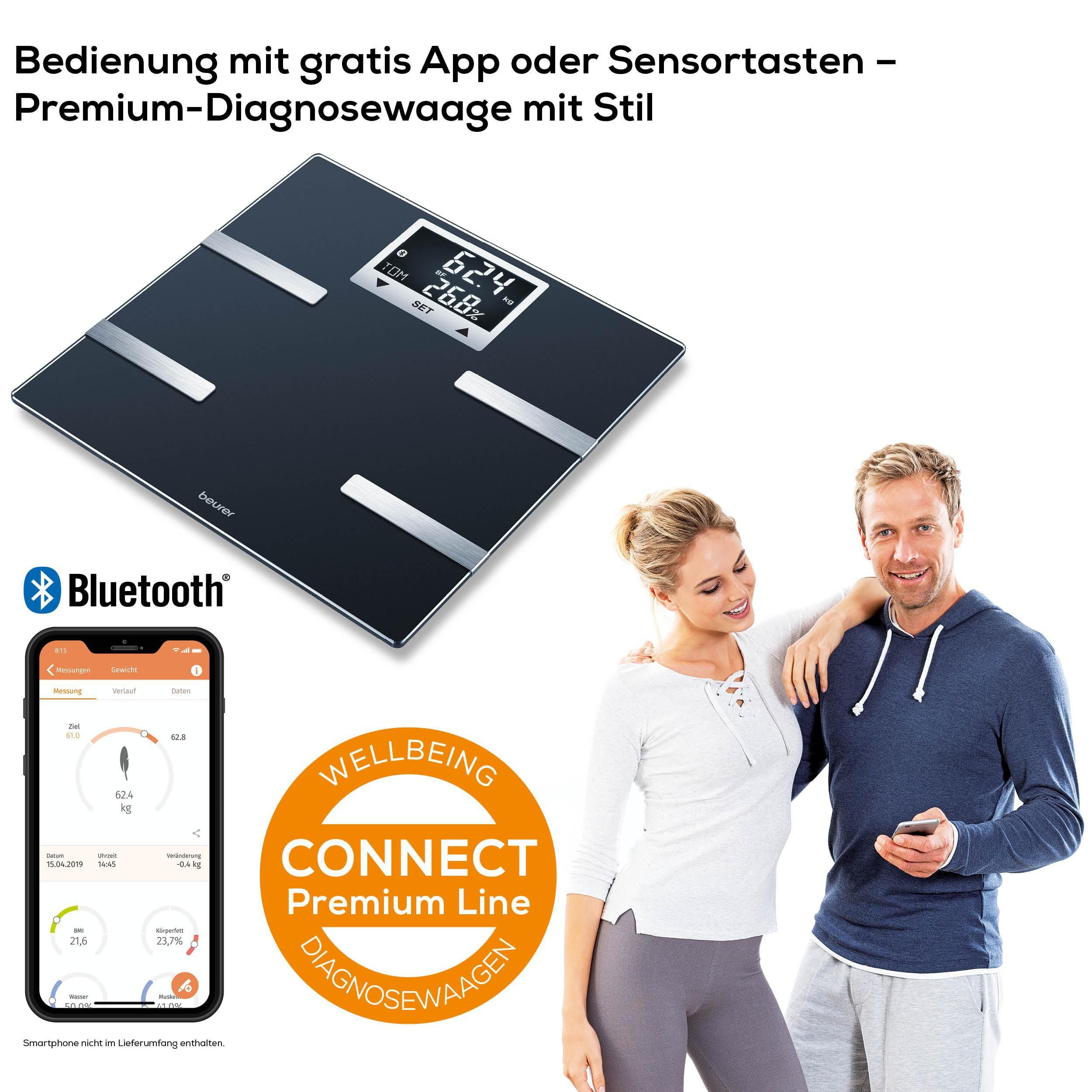 BEURER Körper-Analyse-Waage BF 720 Messung von Körperfett, Muskelanteil, Kalorienanzeige usw., Körperanalyse, mit App zur Übertragung und Tracking der Messwerte