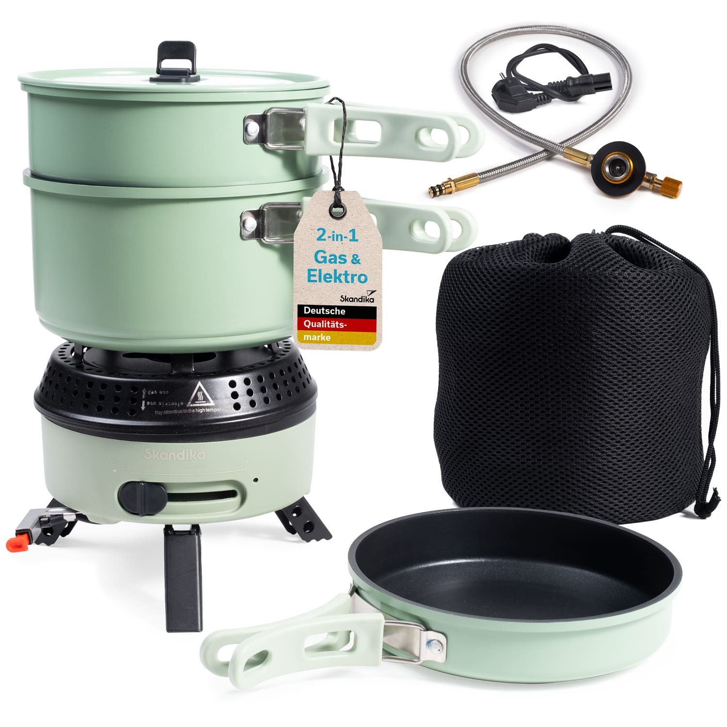 Skandika Gaskocher Campingkocher Rask, mit Geschirr, Topf und Pfanne, Piezozündung, (gepolsterten Netzbeutel, Kocher mit einklappbaren Füßen), Camping Kocher Hybrid, 2 in 1 Betrieb mit Strom oder Gas