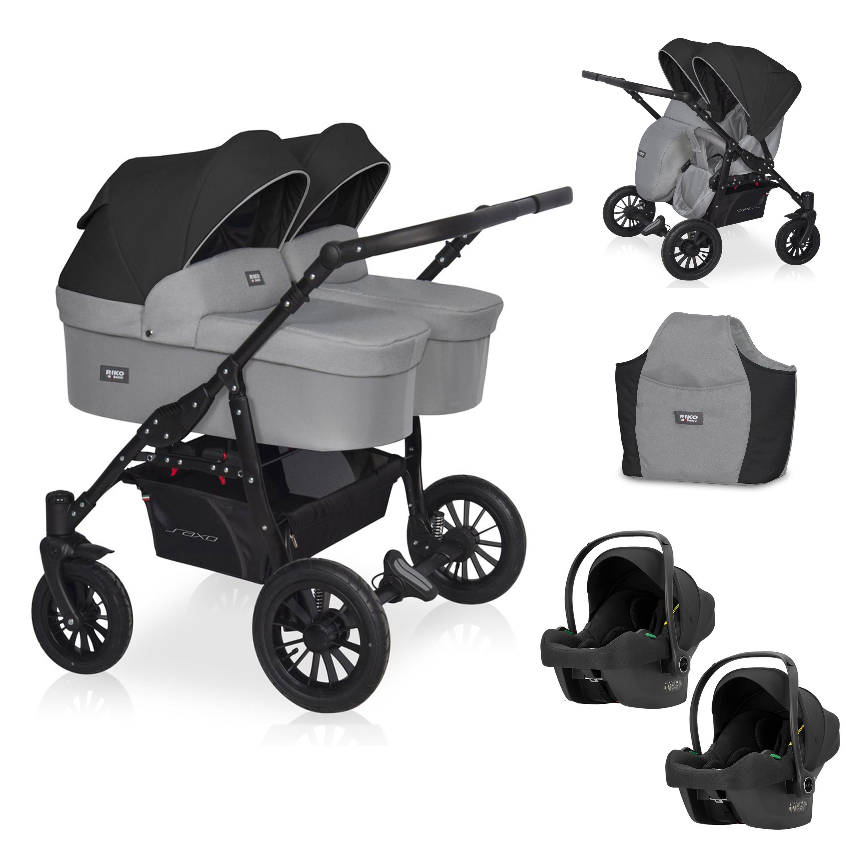 babies-on-wheels Zwillings-Kombikinderwagen Riko 4 in 1 inkl. Sportsitze, Autositze und Zubehör in 4 Farben