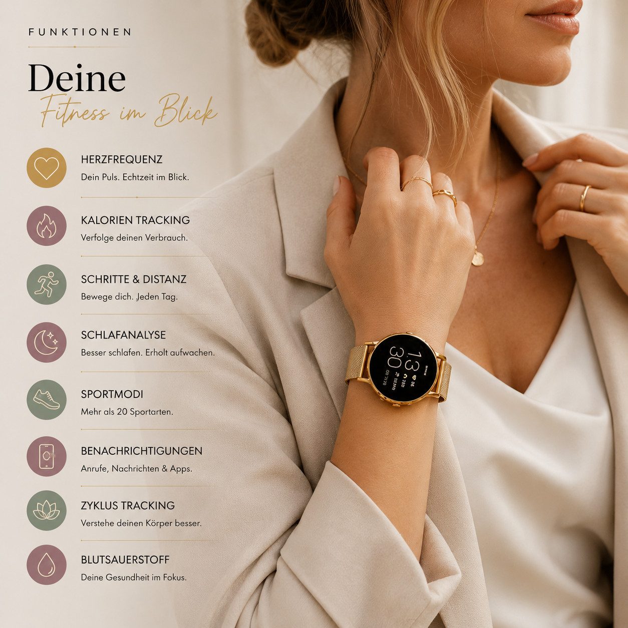 XCOAST SIONA 2 Damen Smartwatch (4,2 cm/1,3 Zoll, iOS Android) classic gold, Fitness Tracker, AMOLED, Blutsauerstoffmesser, 3-tlg., neueste Generation, Wasserdicht, ultra flach, Puls, Blutdruck, brillante Farben