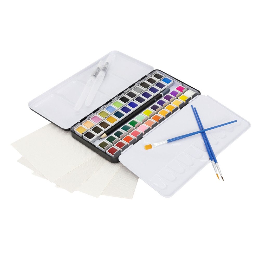 ECD Germany Kreativset Kunst- und Zeichenset Malkoffer für Kinder und Erwachsene, (48-tlg), Aquarellfarben Set 48 Farben, Pinsel, Bleistift 2B, Aquarellstift