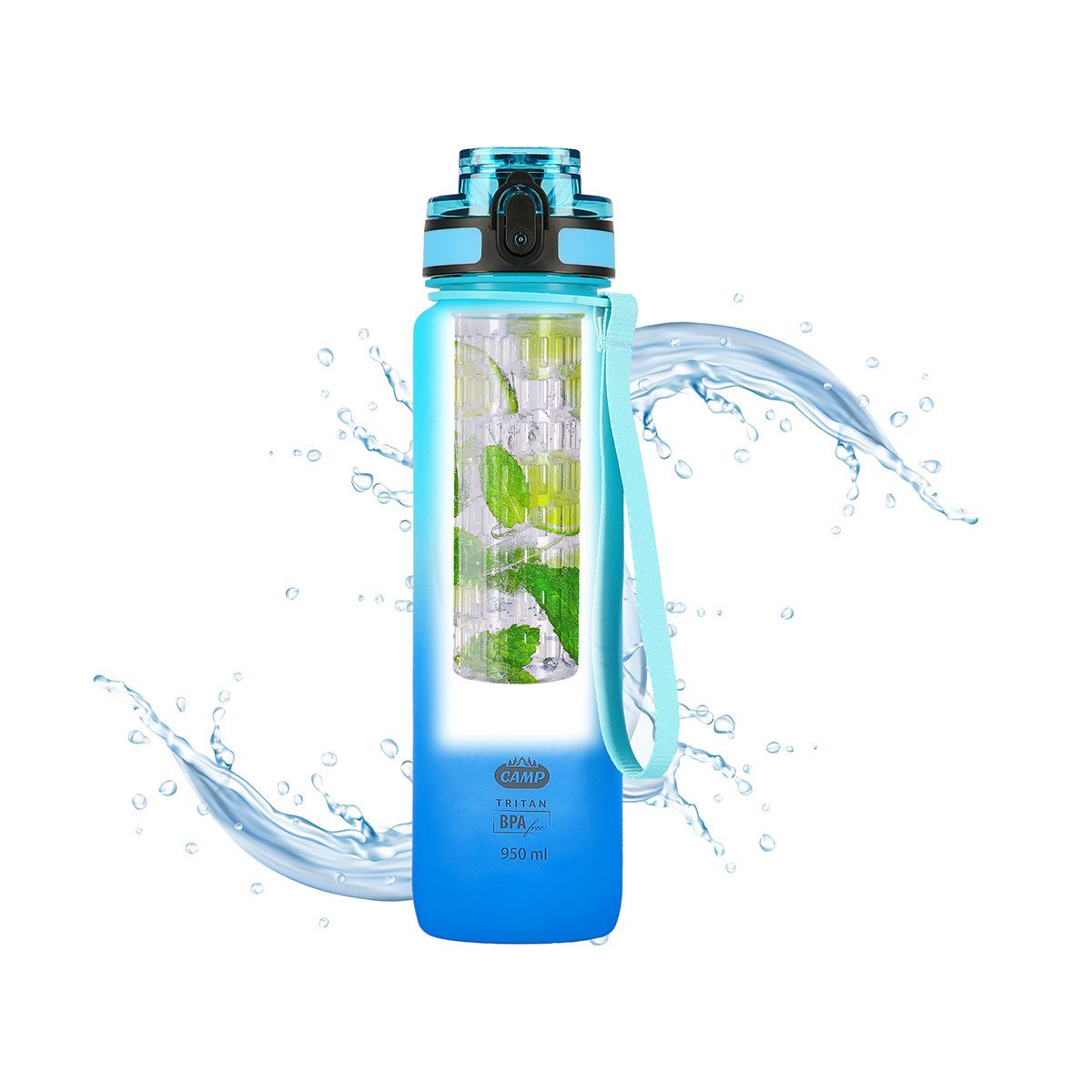 NILS CAMP Trinkflasche Tritan Sportflasche Wasserflasche Outdoorflasche 950ml Camping, ergonomische Form + innerer Behälter für Früchte