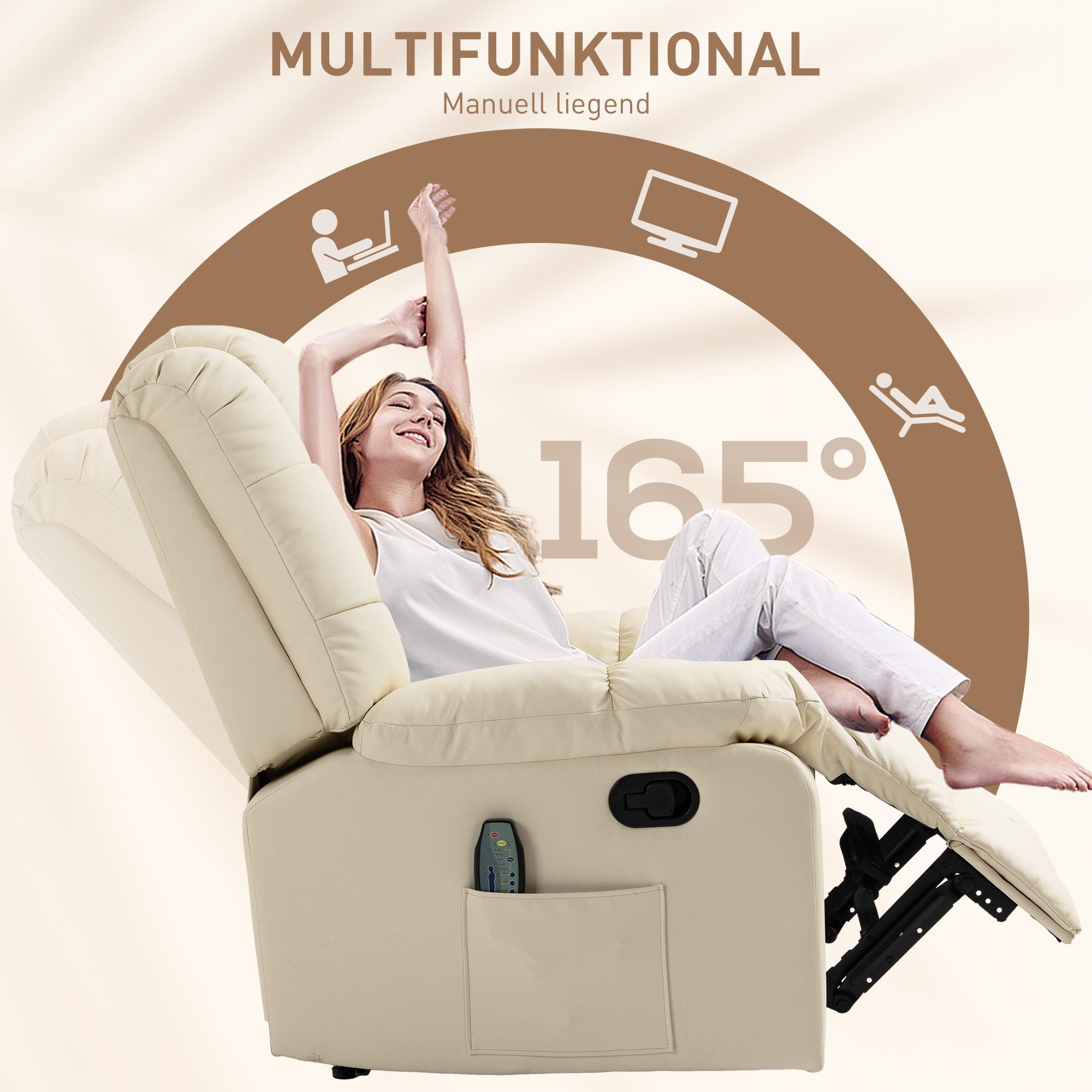 HOMCOM Massagesessel TV Sessel Liegesessel mit Liegefunktion Vibration (Relaxsessel, 1-St., Fernsehsessel), für Wohnbereich, Cremeweiß – Bild 5 von 5