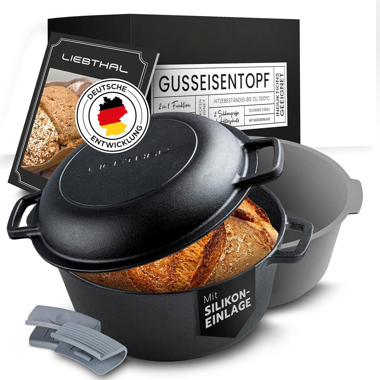 Liebthal Brotbackform aus Gusseisen - mit Deckel, eingebrannt, Silikoneinlage, 4,6 L, Silikongriffe, für alle Herdarten