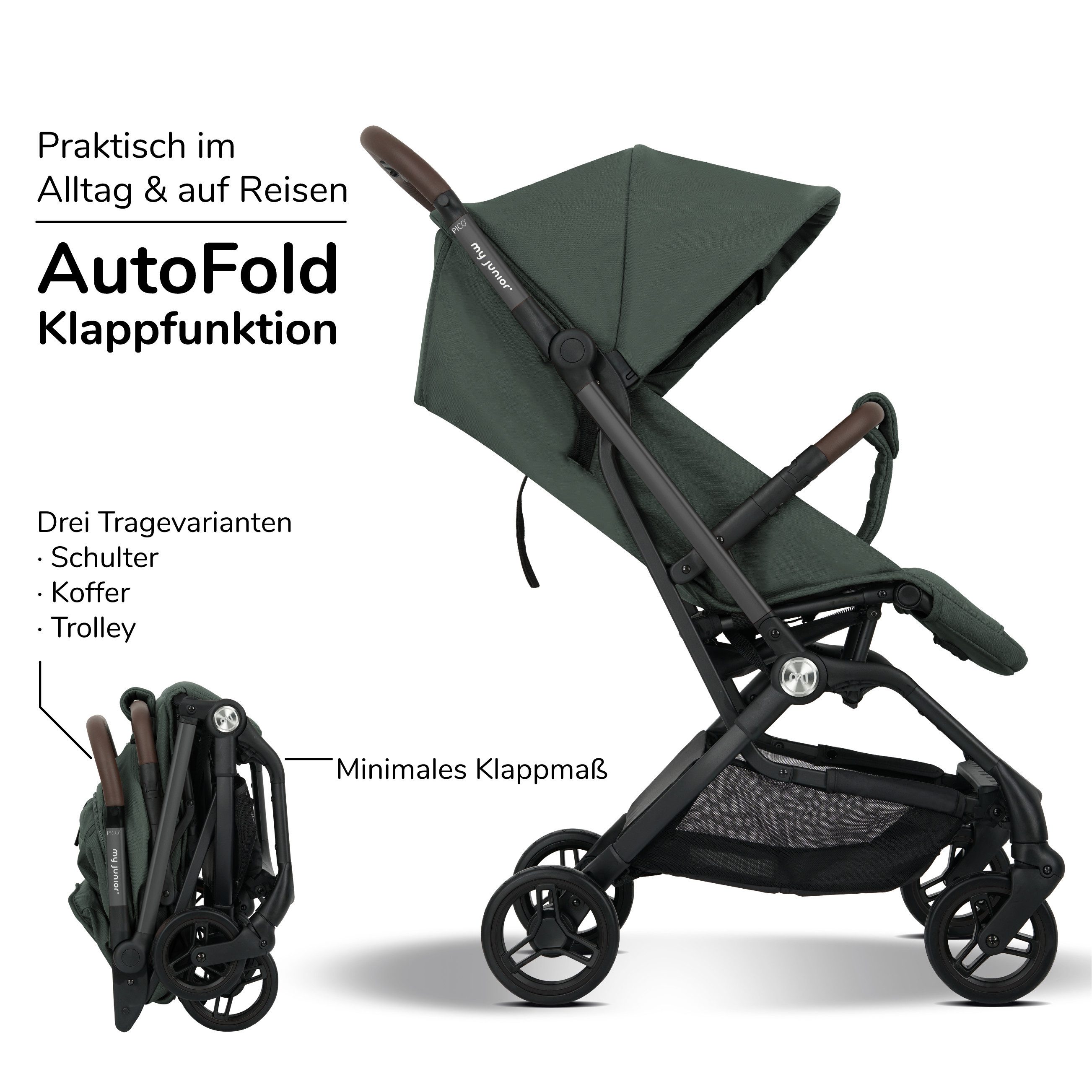 my junior Kinder-Buggy my junior® PICO² Sage Green, bis 22kg, Einhand AutoFold, Getränkehalter, Transporttasche