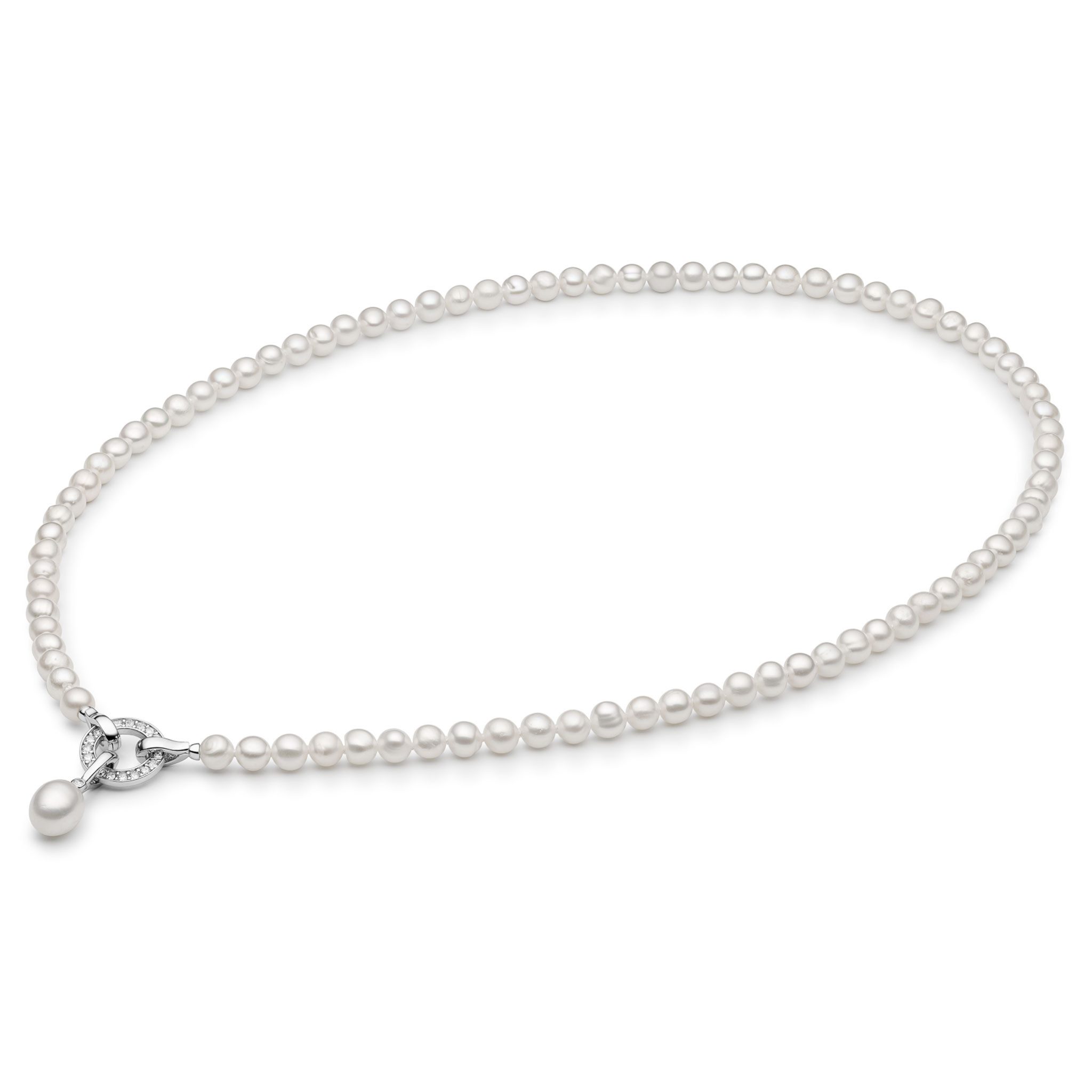 Perlenkette weiß, 45 cm, Designverschluss, Anhänger, Zirkonia