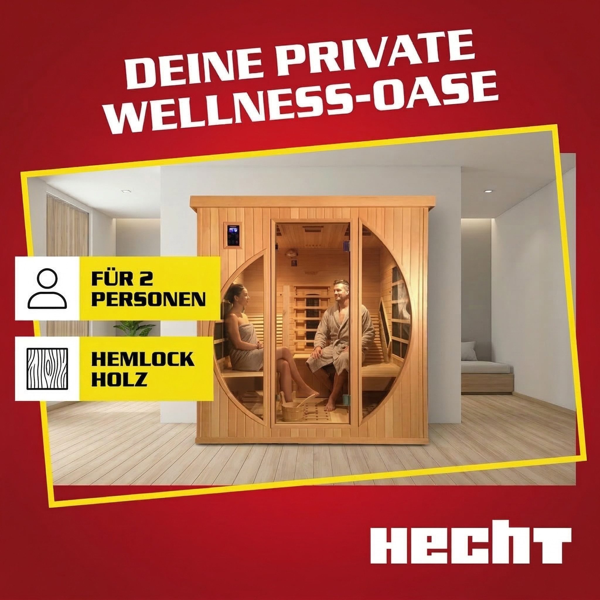 Hecht Infrarotkabine Heim Sauna Fantasy Indoor, 2 Personen, 12 Heizstrahler, 3450W, 7 Flächenstrahler, 5 Keramikstrahler, Lichttherapie, 180x180x190cm
