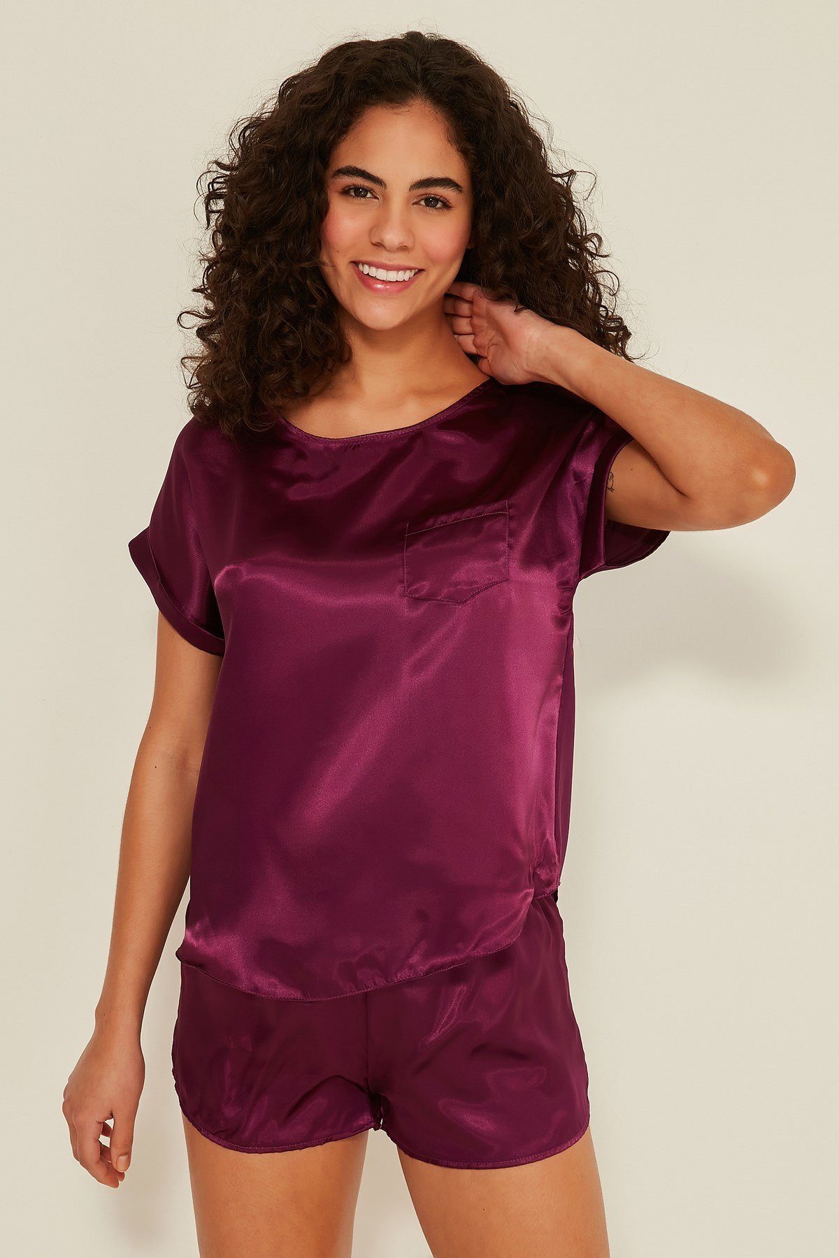 C&CITY Schlafanzug Damen Satin T-Shirt Shorts Set günstig online kaufen