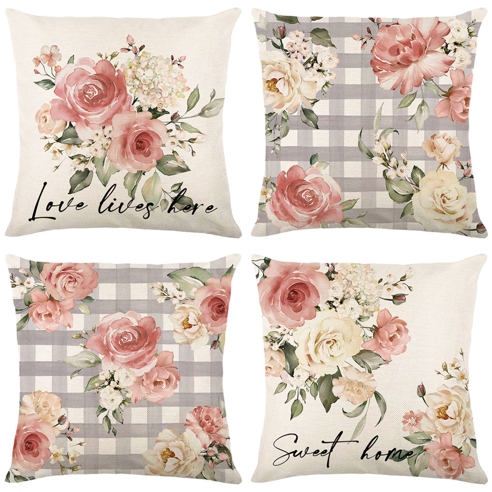 Kissenbezug 4 Stück, Leinen, Floral, Quadratisch, für Bett Wohnzimmer Sofa Deko