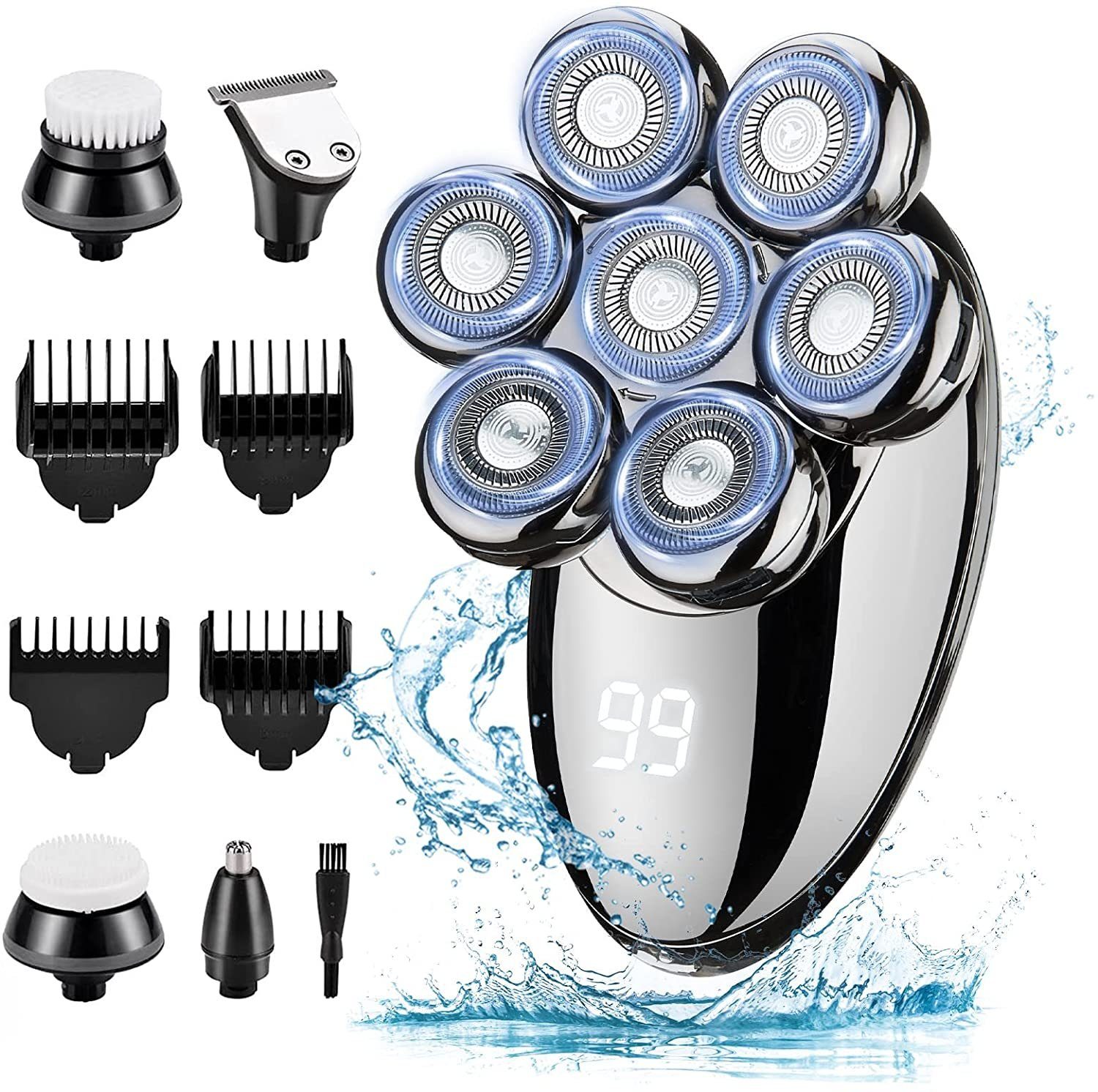 autolock Elektrorasierer 5 in 1 Kopfrasierer,Rasierapparat Nass und Trockenrasierer, ausklappbarer Langhaarschneider, LED Anzeige Bart Nasenhaartrimmer Gesichtsbürste Pflege Kit