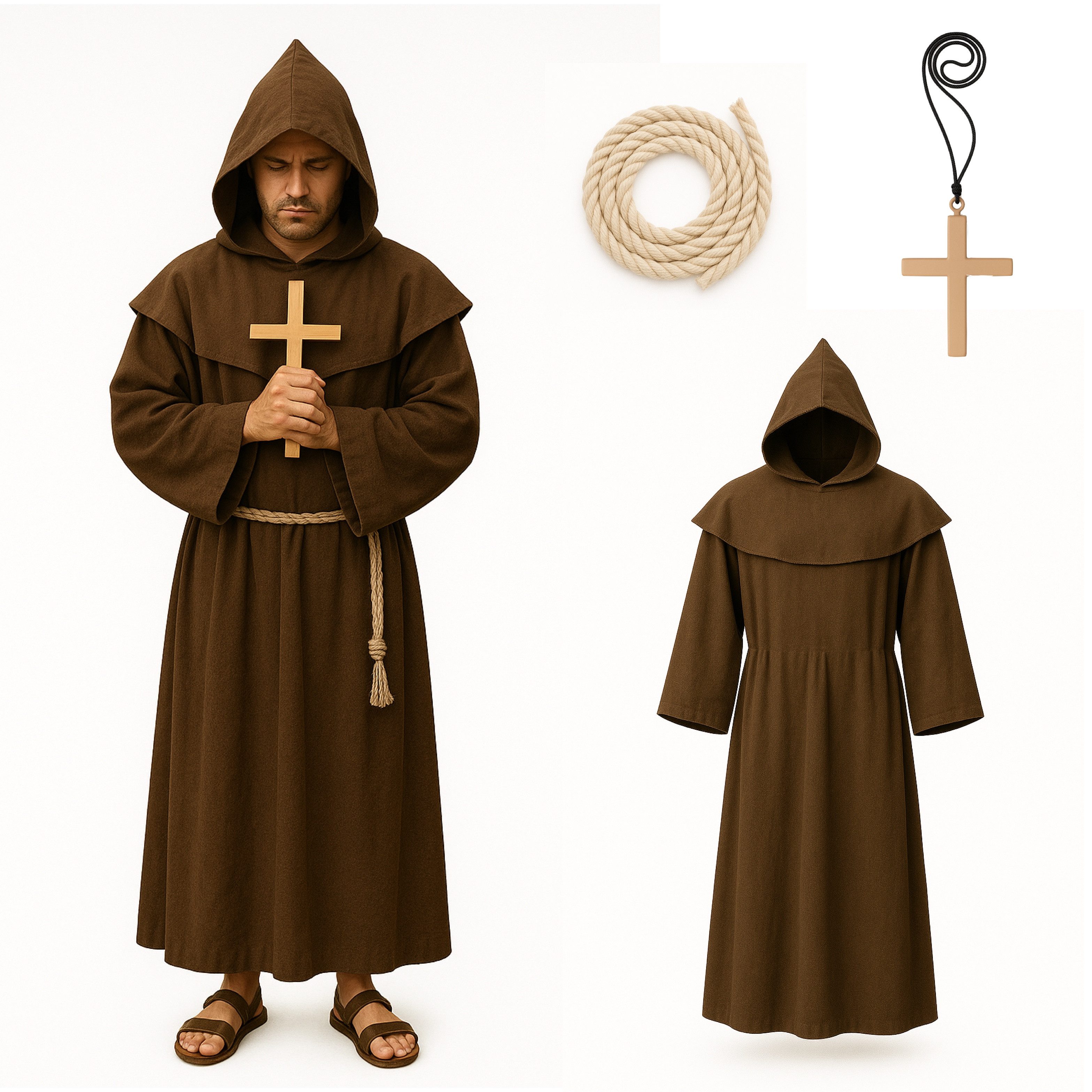 TK Gruppe Mönch-Kostüm Priester – Mönchskutte mit Kreuz für Fasching & Karneval