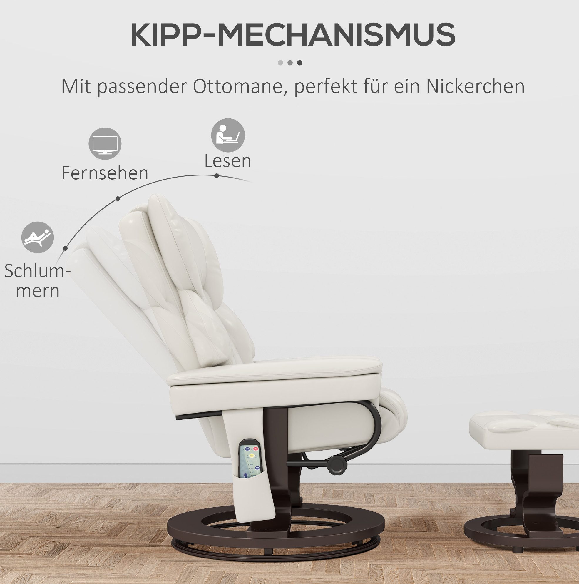 OKWISH Relaxsessel Sessel mit Fußhocker, elektrisch verstellbar, Cremeweiß, 79x82x101 cm (Drehbarer Massagesessel mit Seitentasche für Wohnzimmer, 2-St., Relaxsessel inkl. Hocker), Fernsehsessel mit Liegefunktion und Fernbedienung, Kunstleder