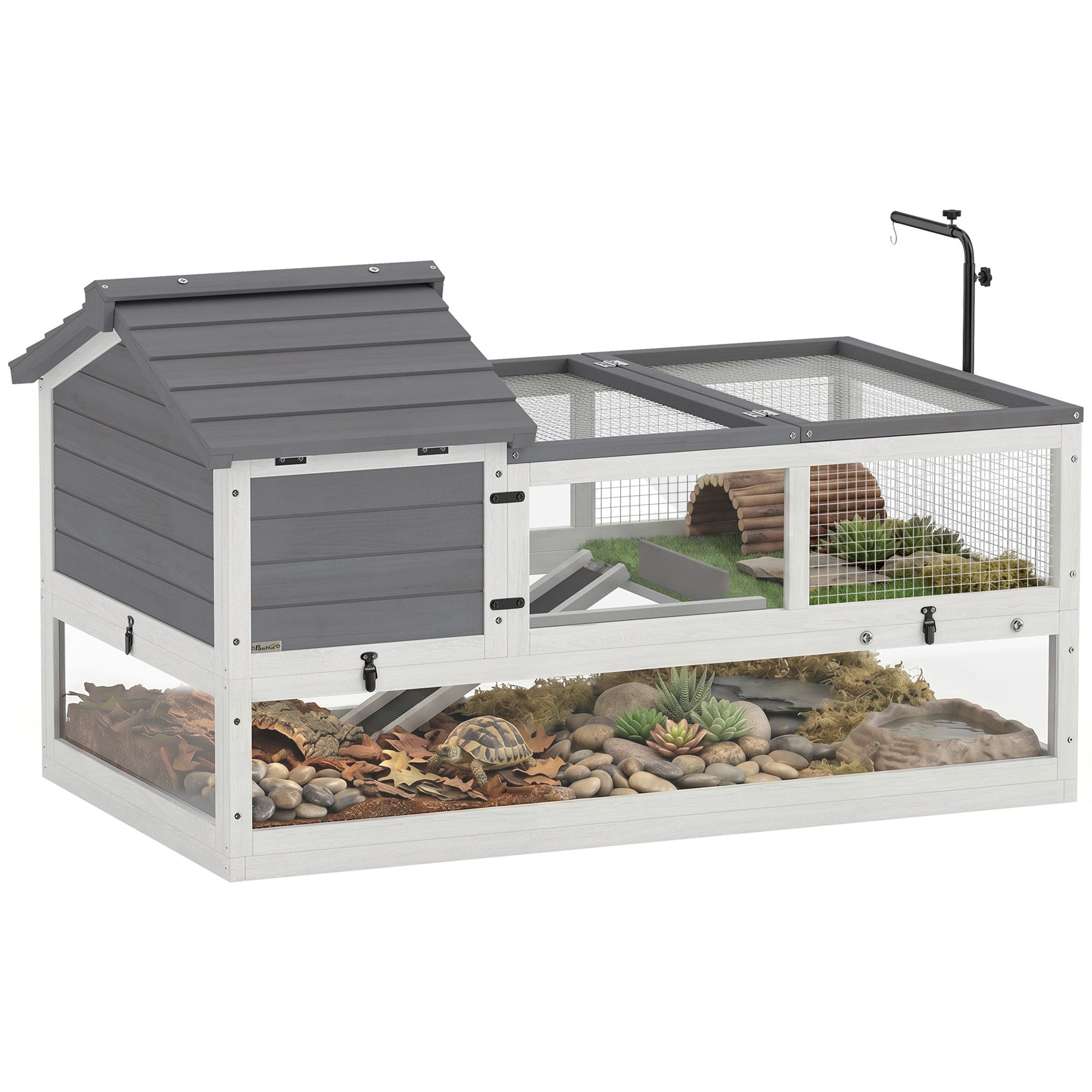 PawHut Kleintierstall mit Zwei Haupthäusern aufklappbarem Oberseite Lampenhalter, für Schildkröten Reptilien 116 x 70,5 x 69,5cm Grau